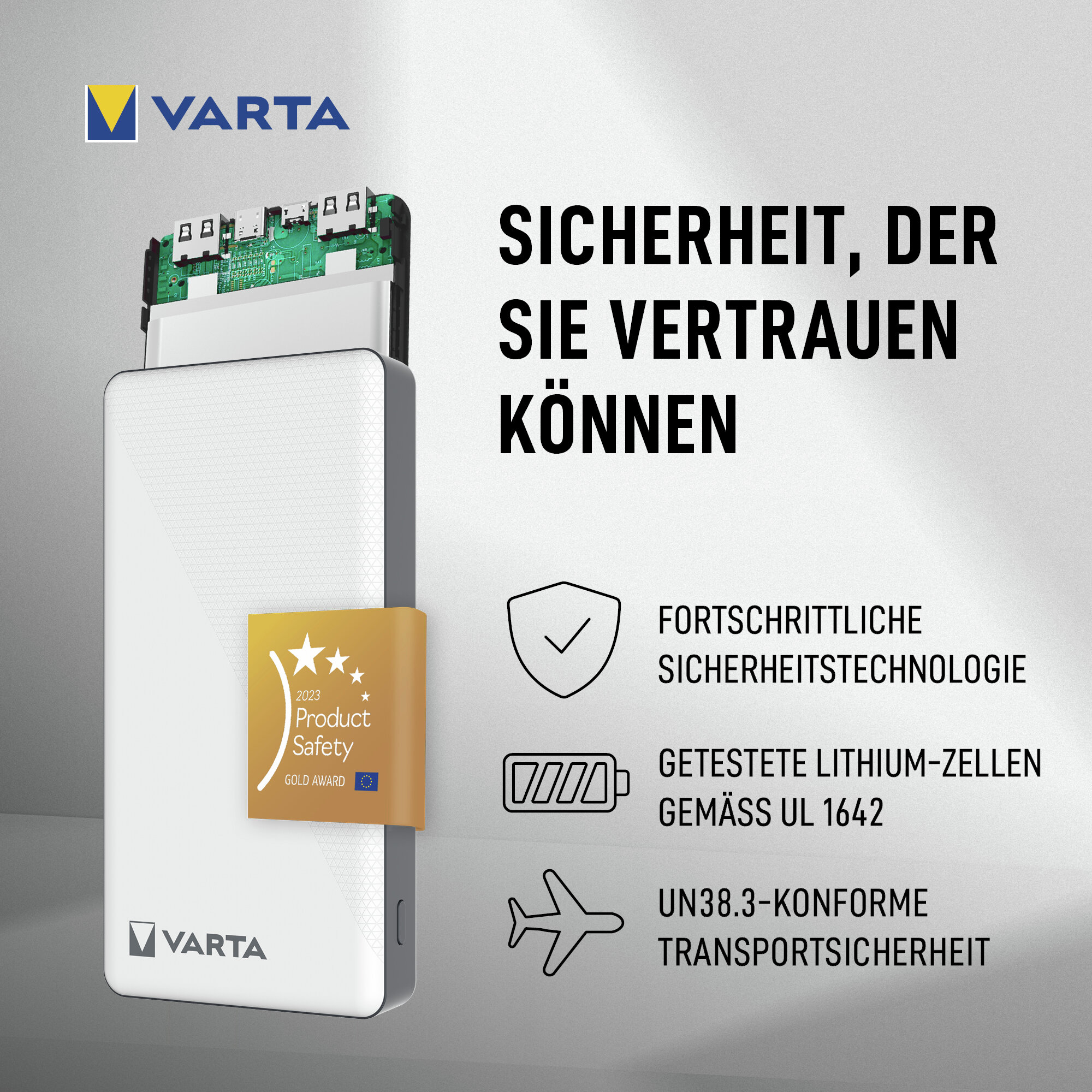 Power bank Varta con Gold Award di sicurezza del prodotto e testo sulla sicurezza.
