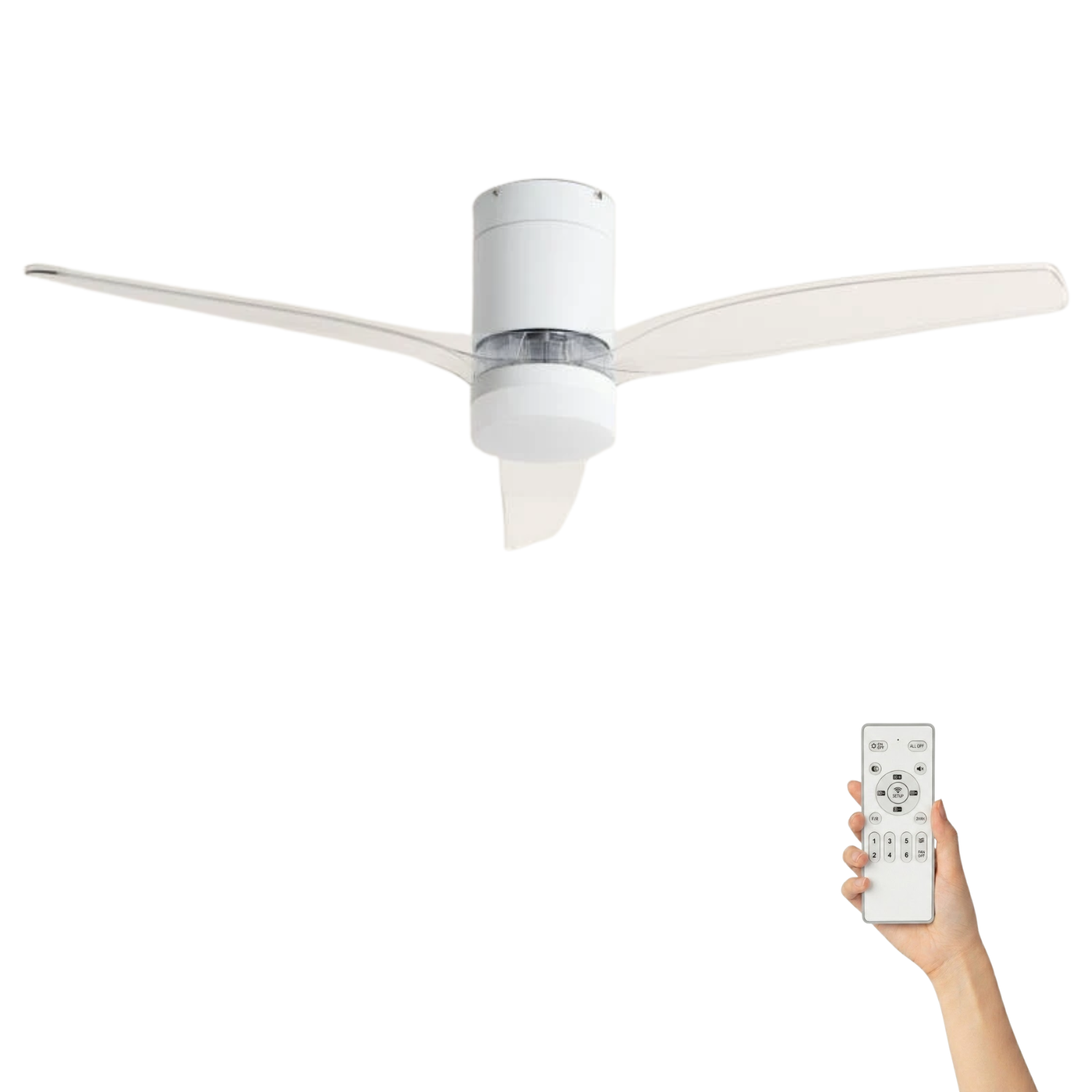 Weiße Deckenventilator mit Fernbedienung in der Hand.