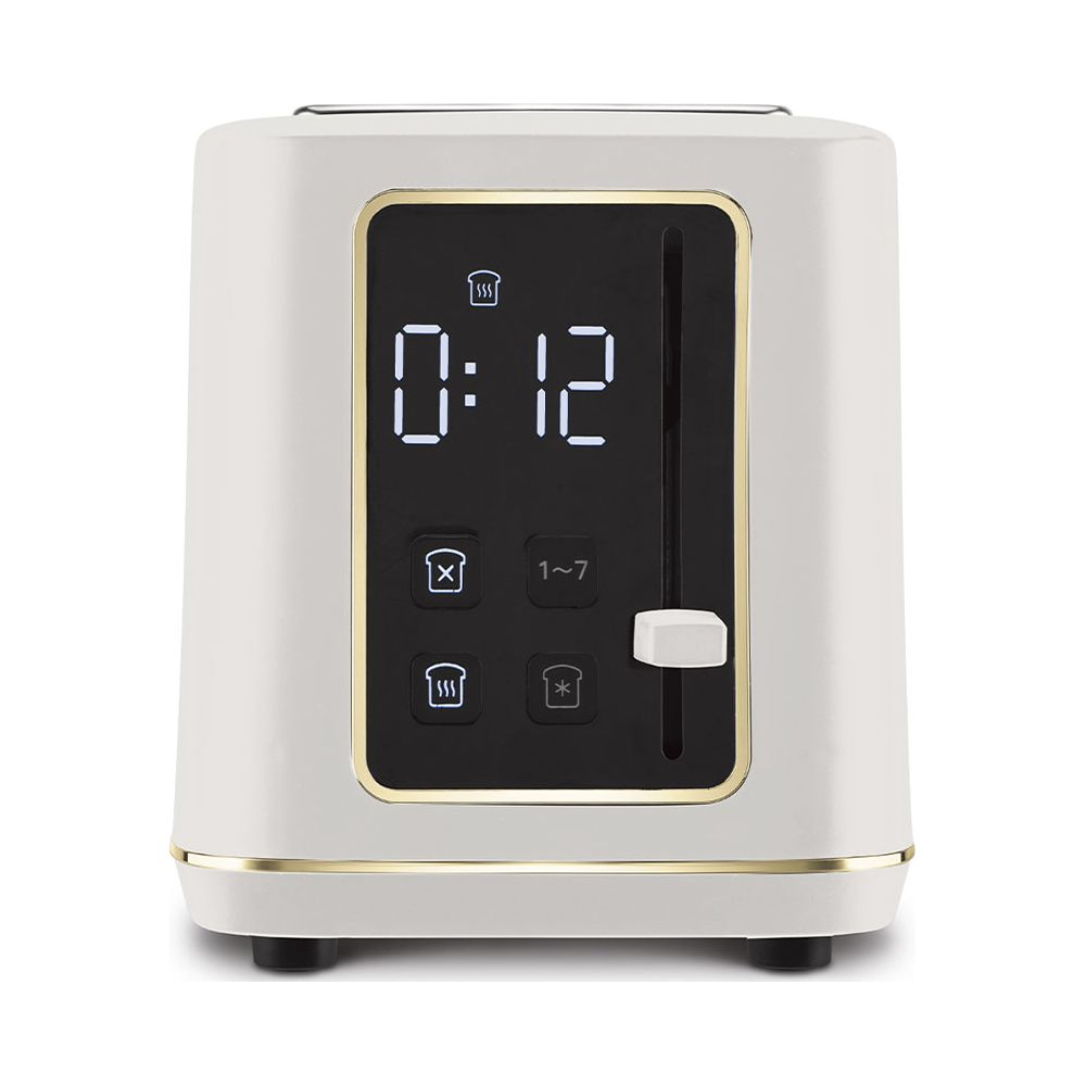 Un tostapane bianco e oro con display digitale che mostra '0:12' e varie icone funzione su sfondo bianco.