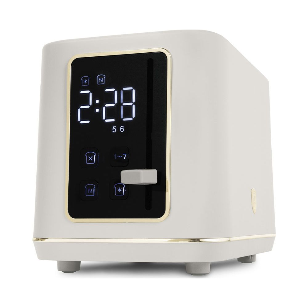 Un tostapane bianco con display digitale che mostra 2:28 e icone.