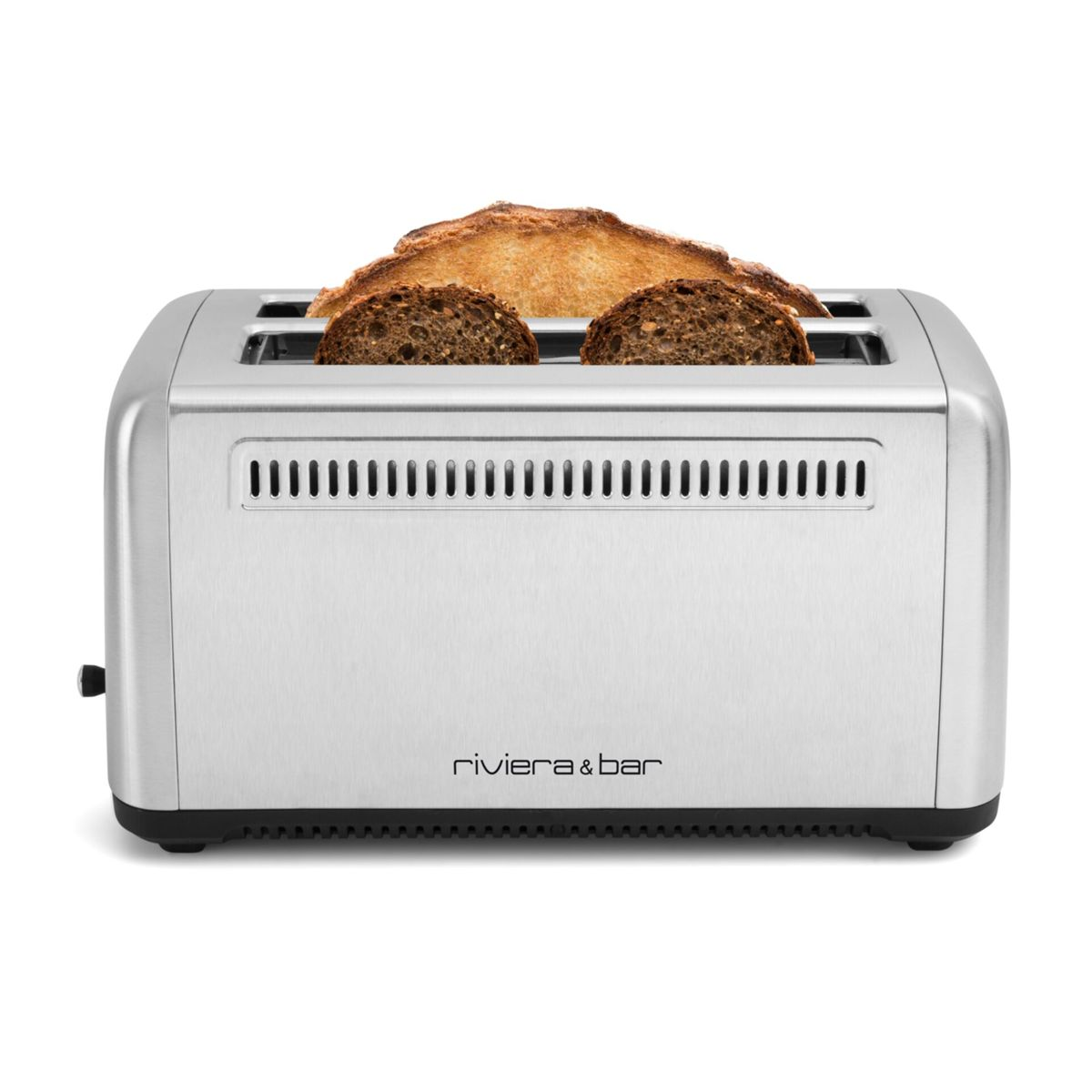Un tostapane argento con due fette di pane che tostano.