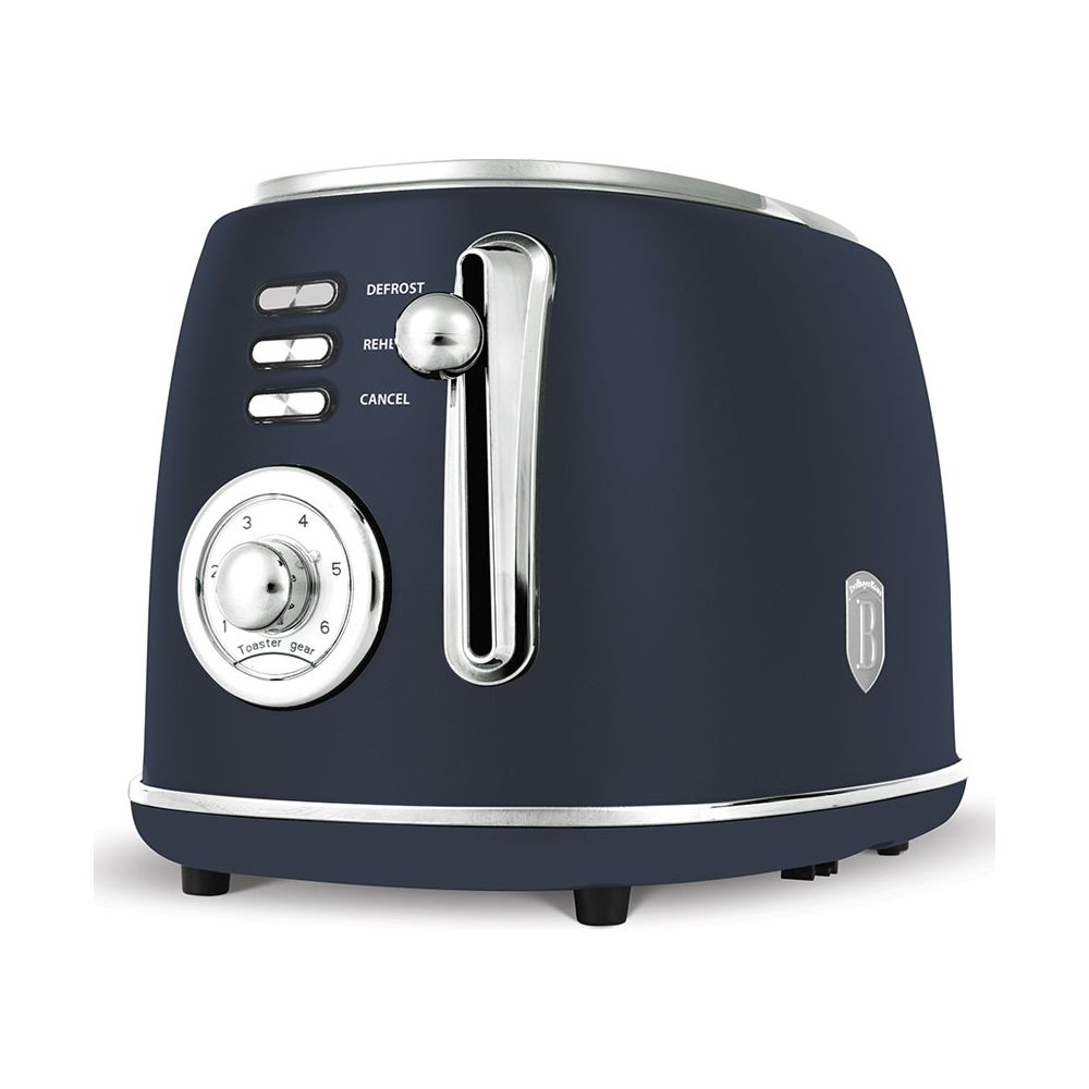 Dunkelblauer Toaster mit Chromhebel und Einstellrad für Bräunungsstufen.