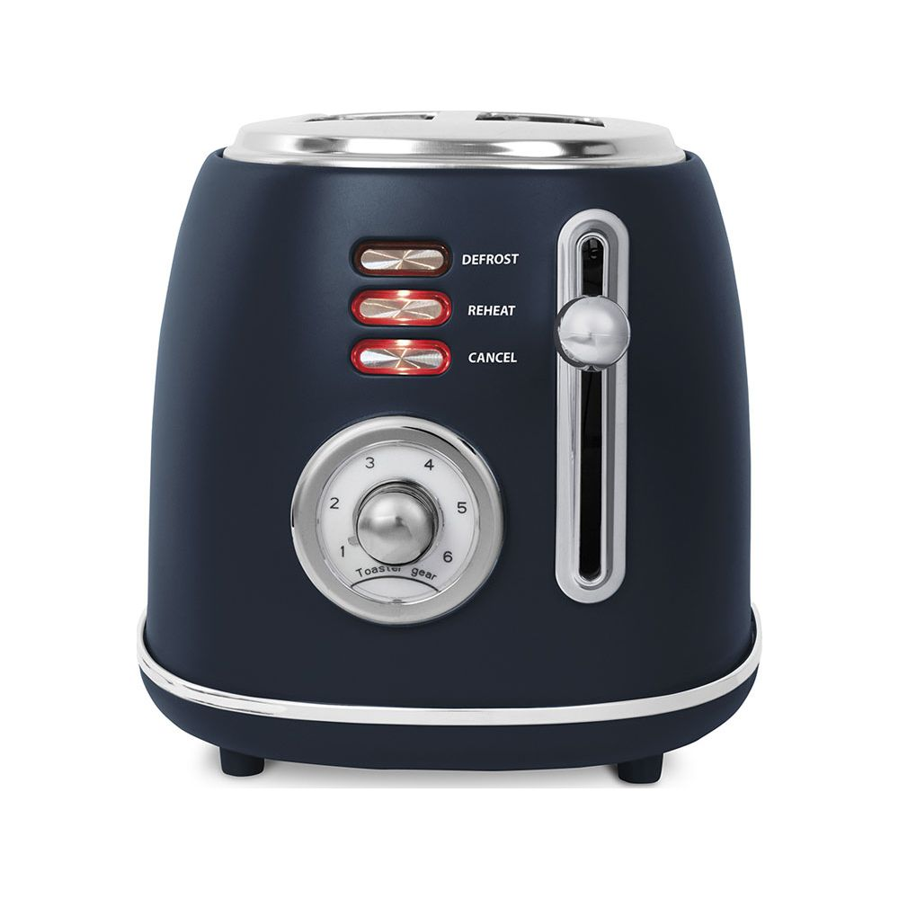 Dunkelblauer Toaster mit silbernen Akzenten. Hat Bedienelemente für Auftauen, Aufwärmen und Abbrechen.