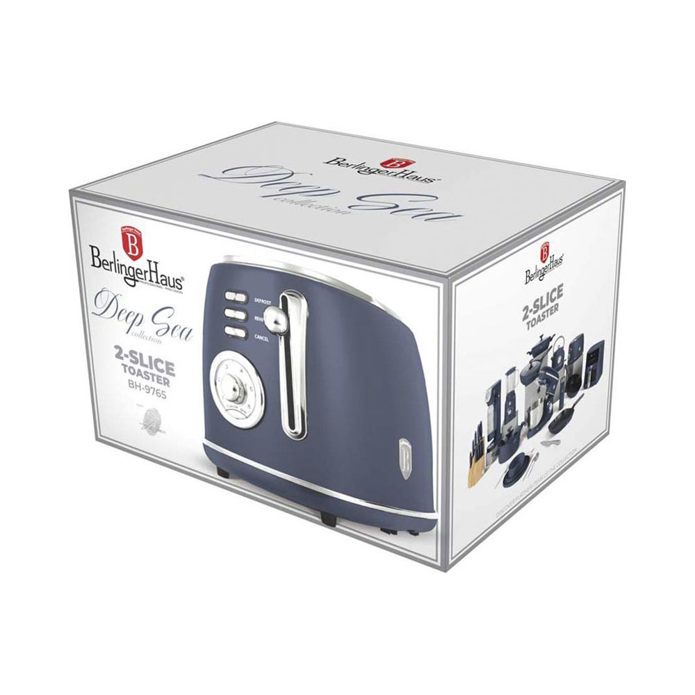 Karton zeigt einen blauen 2-Scheiben-Toaster. Text: 'Berlinger Haus Deep Sea Collection'.