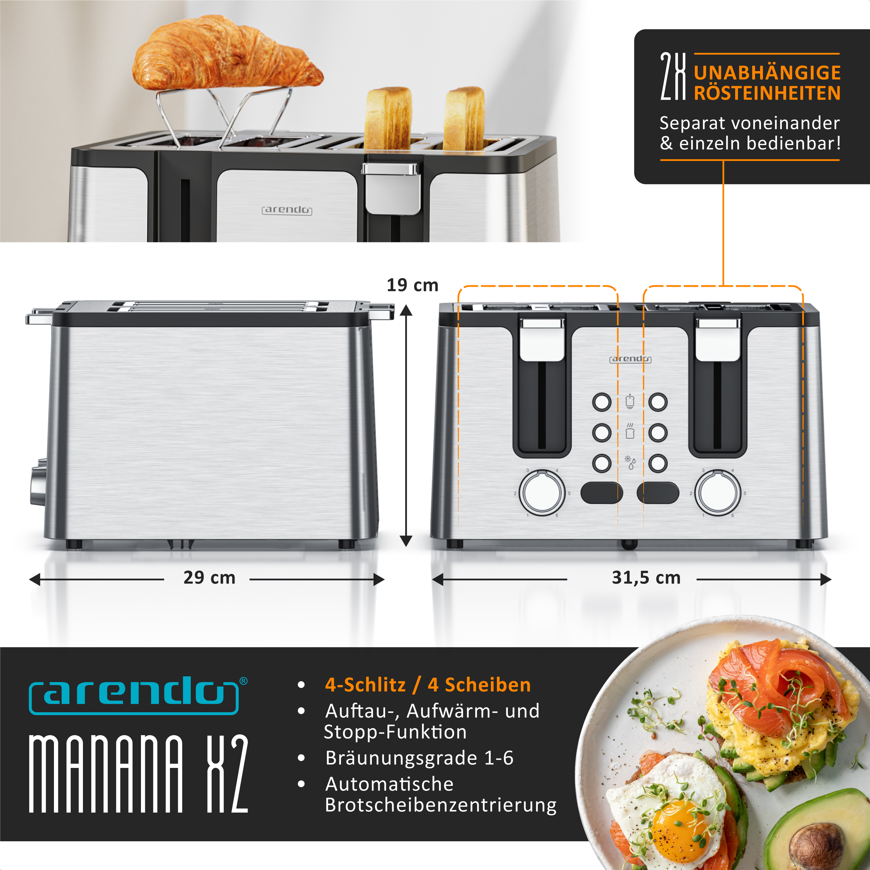 Ein silberner 4-Schlitz-Toaster mit Croissant und Toast, daneben Maße.