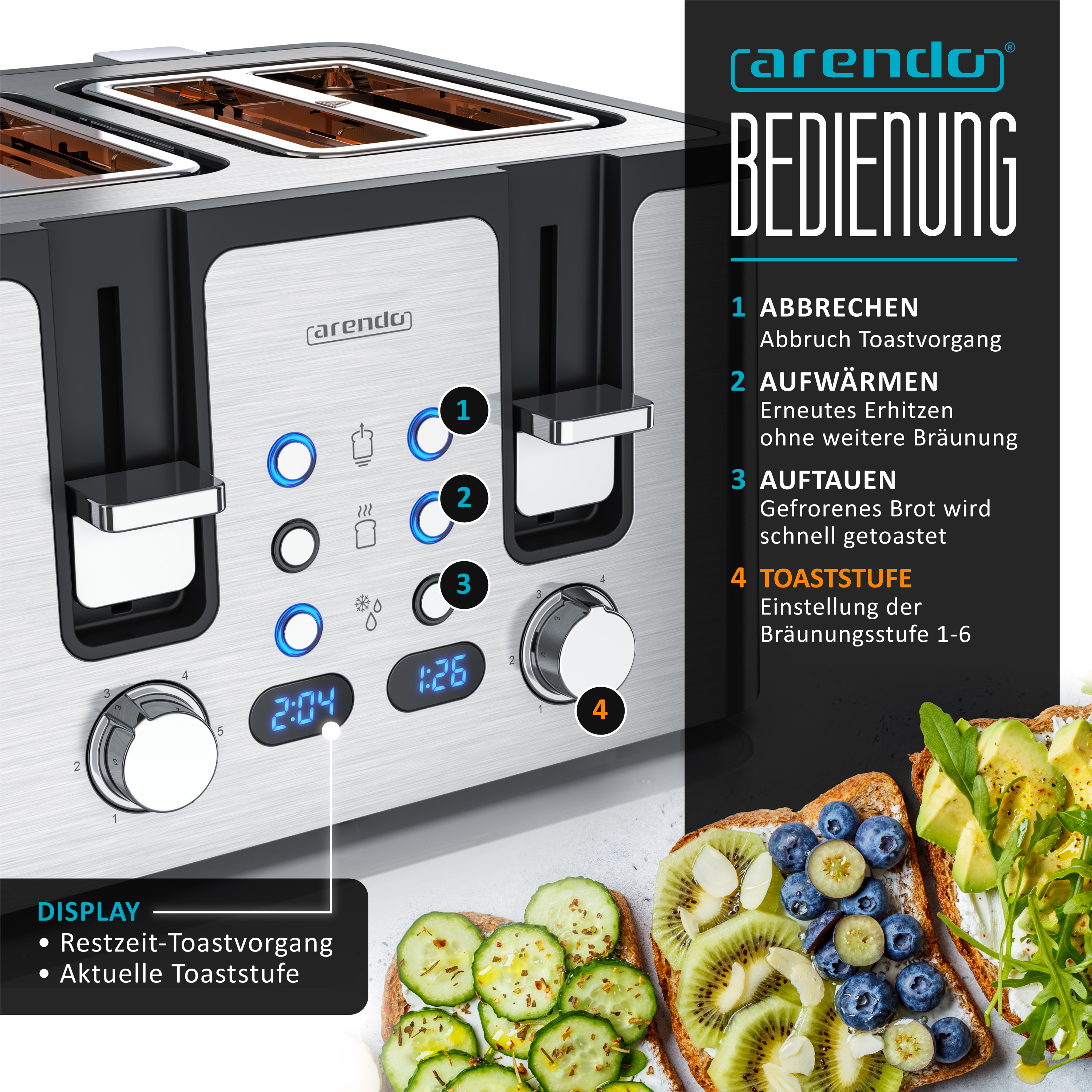 Ein silberner Toaster mit Bedienknöpfen und digitaler Anzeige. daneben sind belegte Brote.
