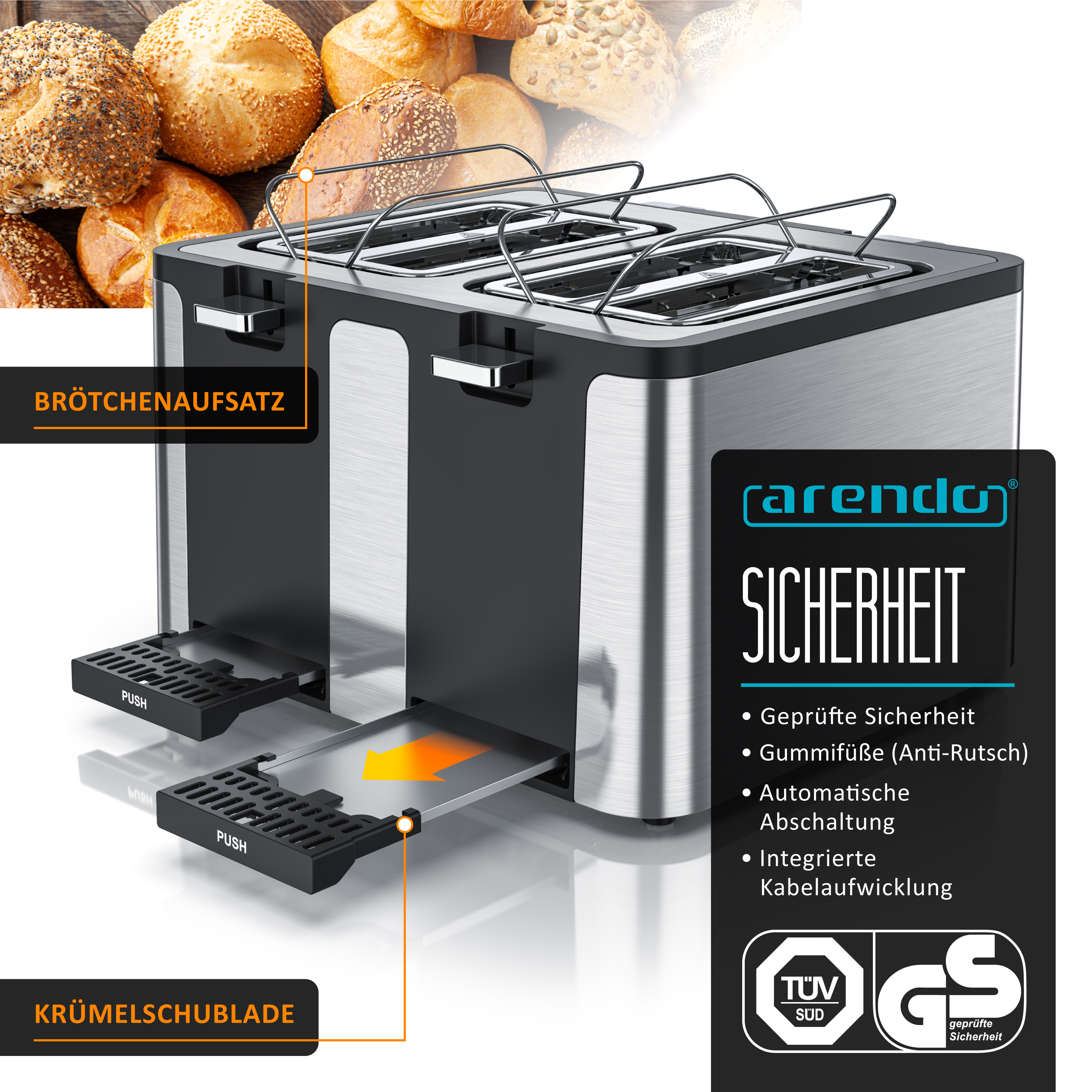Ein silberner und schwarzer Toaster mit Brötchenaufsatz und Krümelschublade.