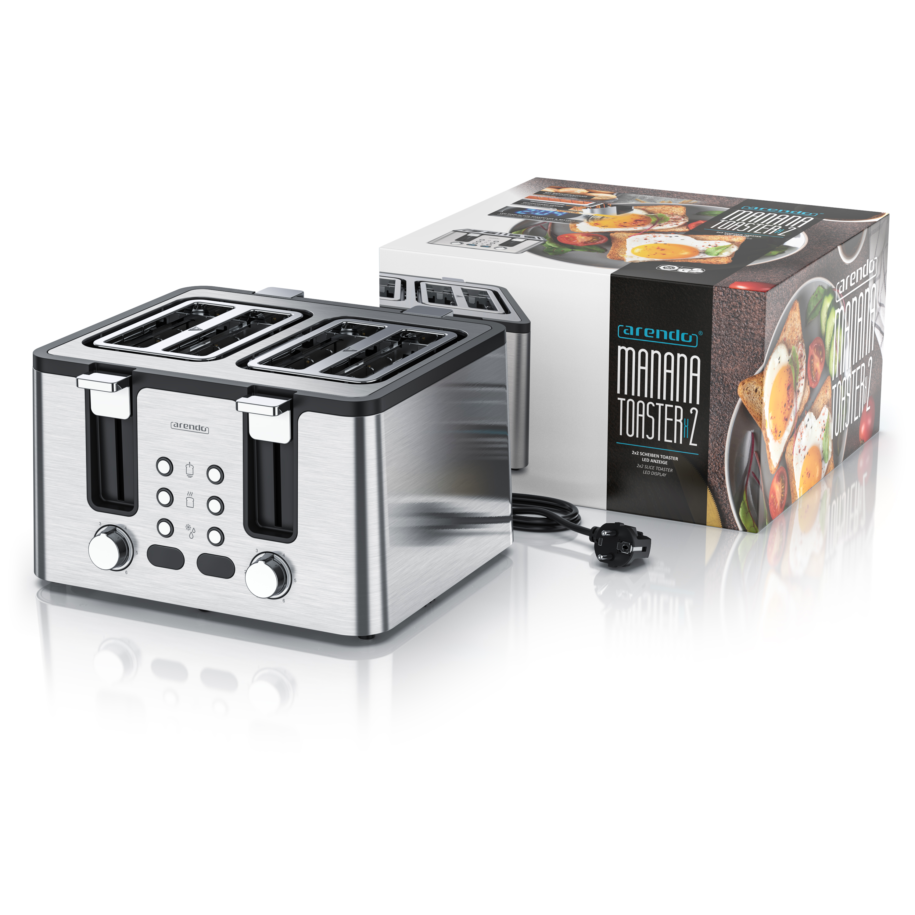 Ein silberner Toaster mit vier Schlitzen steht neben seiner Verpackung.