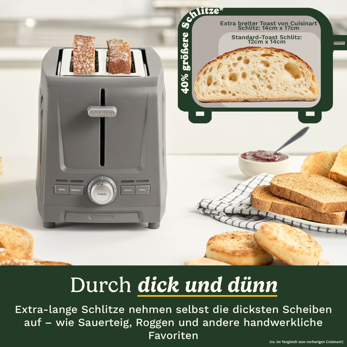 Tostapane Cuisinart grigio con toast e pane accanto, che mostra un confronto di dimensioni.