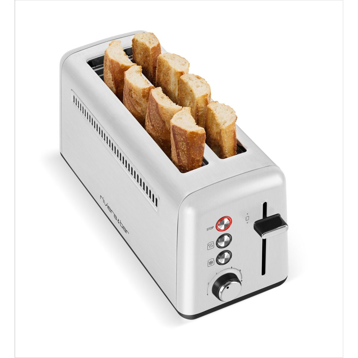 Un tostapane argentato con sei fette di pane inserite a metà nelle fessure.