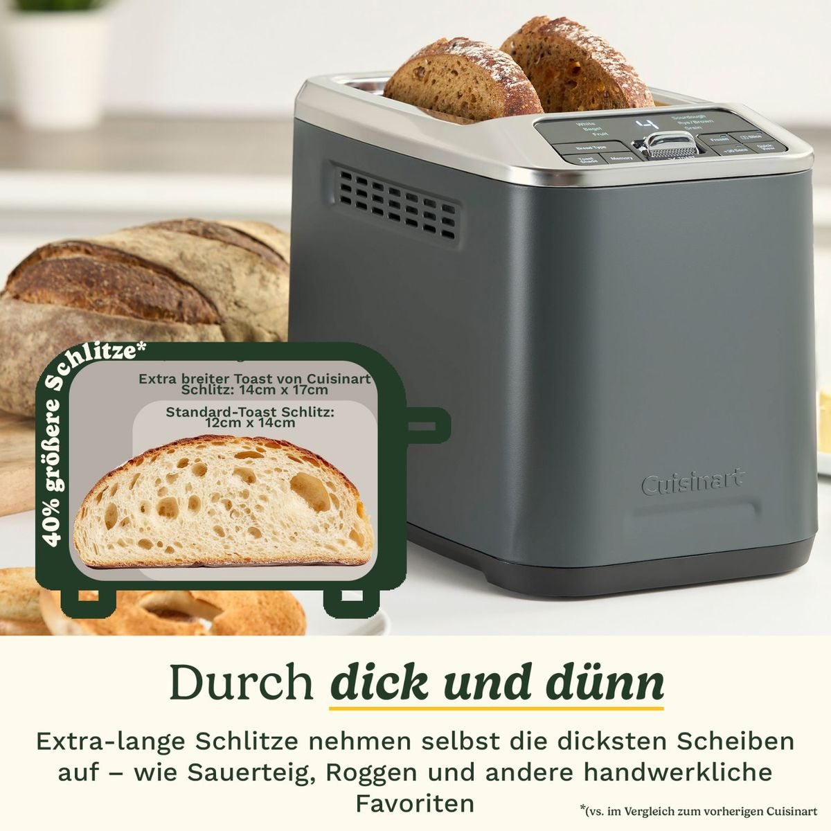 Un tostapane Cuisinart grigio con due fette di pane, accanto a una pagnotta.