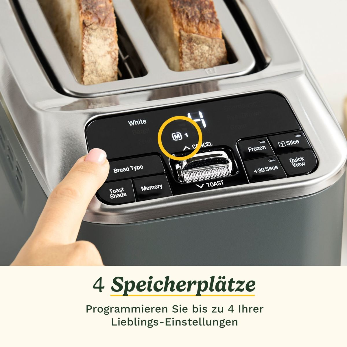 Un dito preme le impostazioni del toast su un tostapane con pane.
