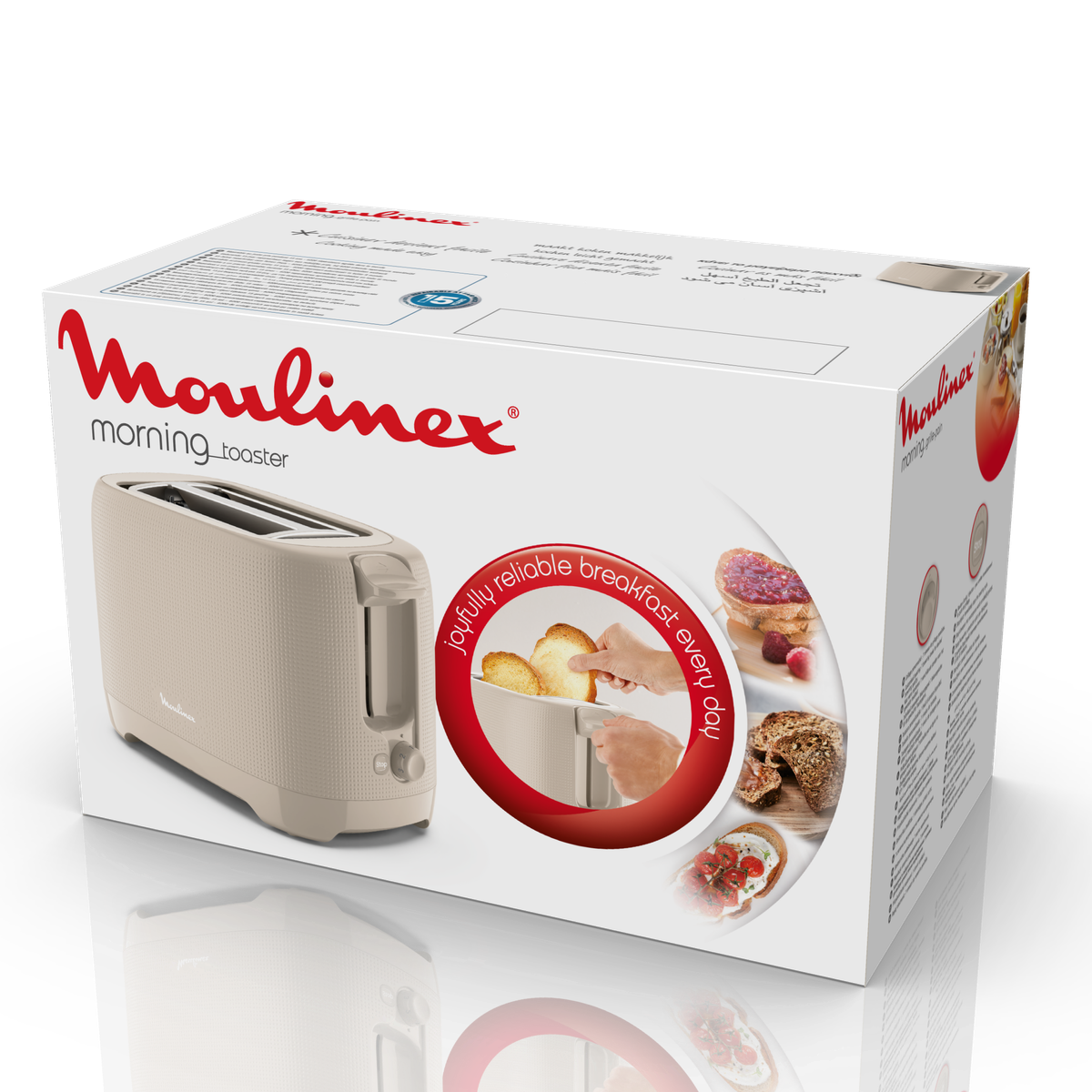 Un tostapane Moulinex color crema su una superficie riflettente.