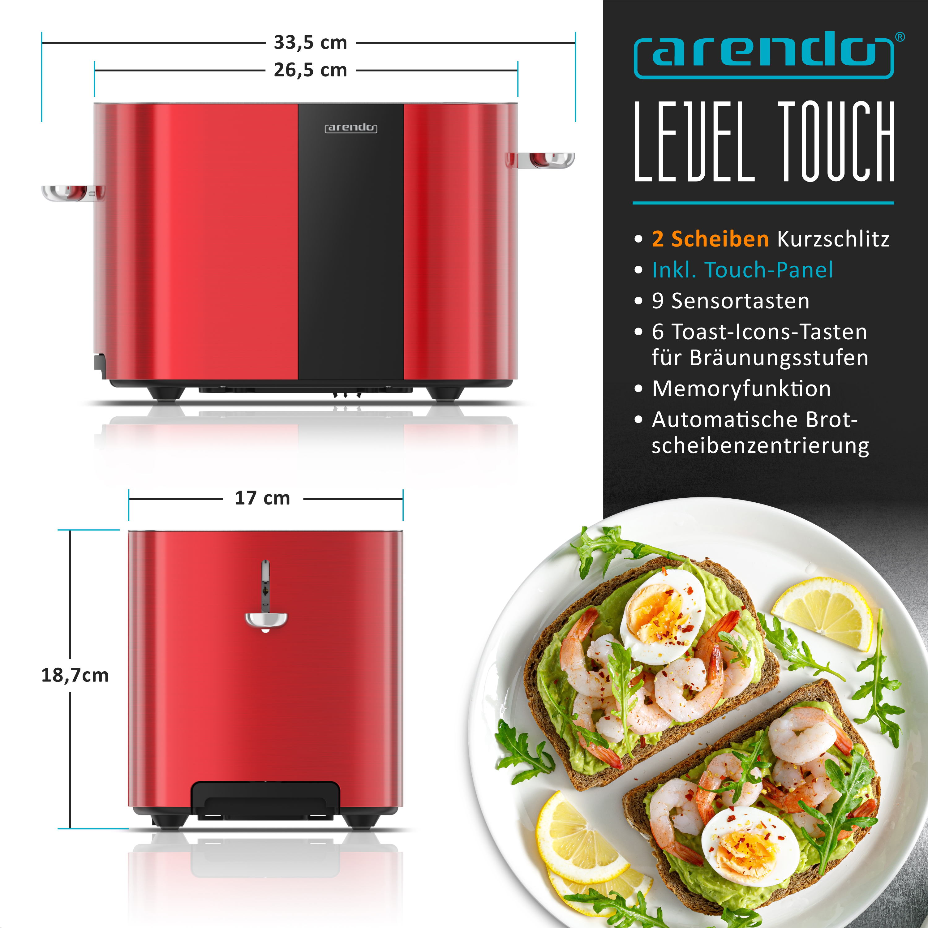 Roter Toaster mit Touch-Panel und Toast-Icons, daneben Avocado-Toast mit Ei und Garnelen.