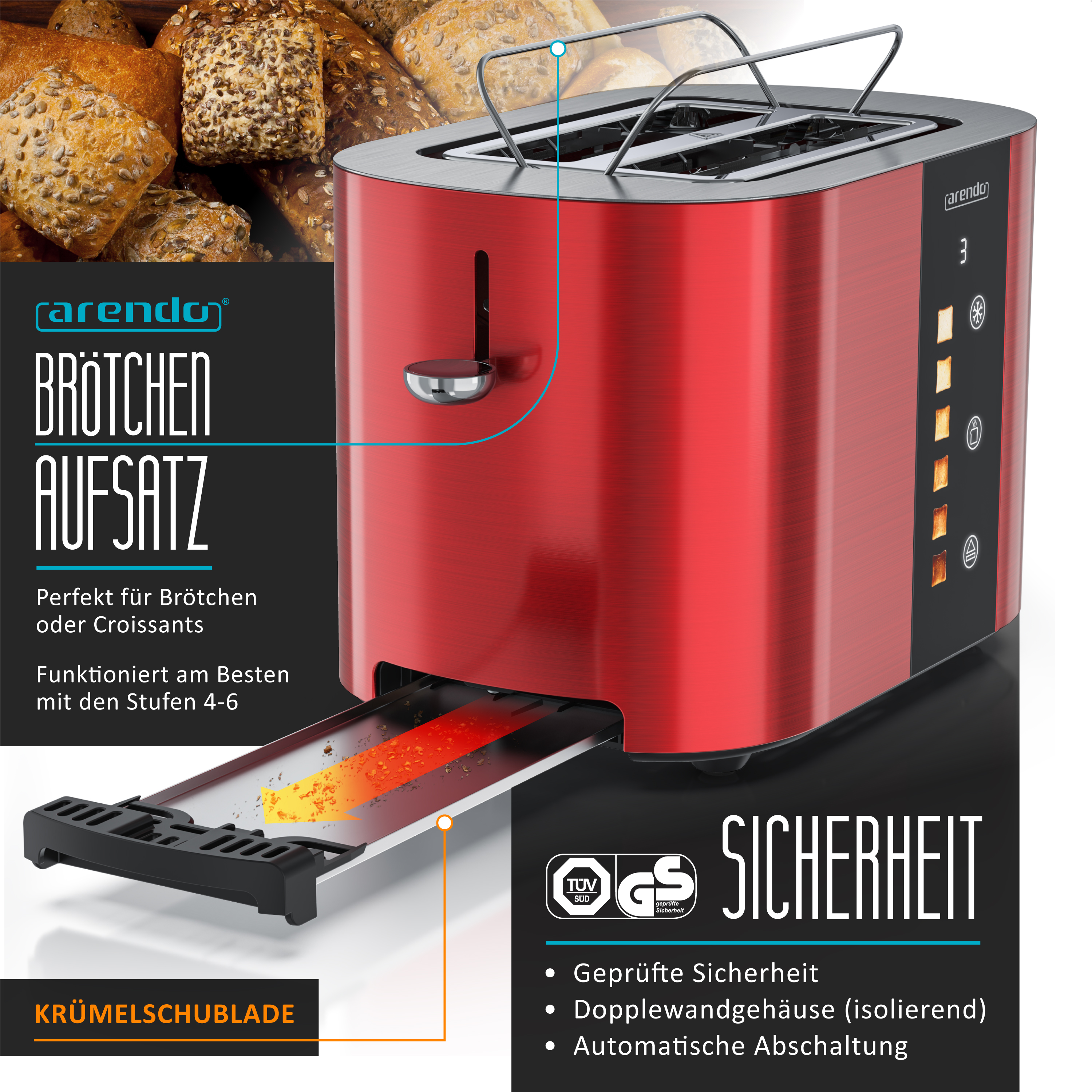Roter Toaster mit Brötchenaufsatz, Krümelschublade und Sicherheitshinweisen.