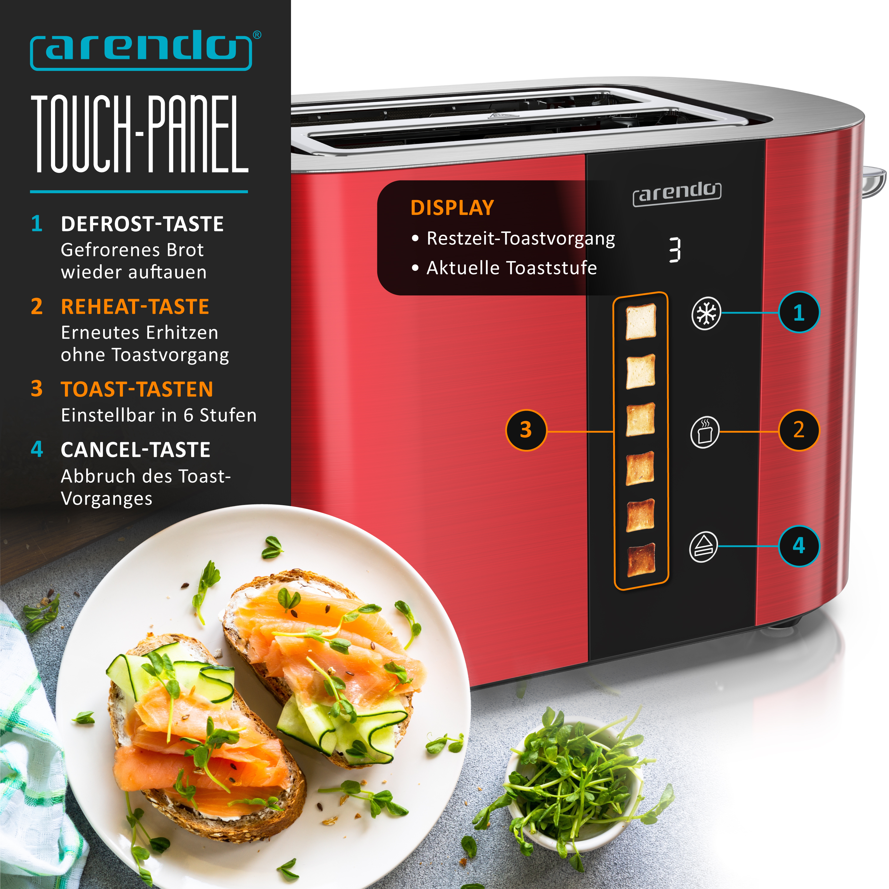 Ein roter Toaster mit Touch-Panel zeigt Toast-Symbole und Bedienknöpfe.