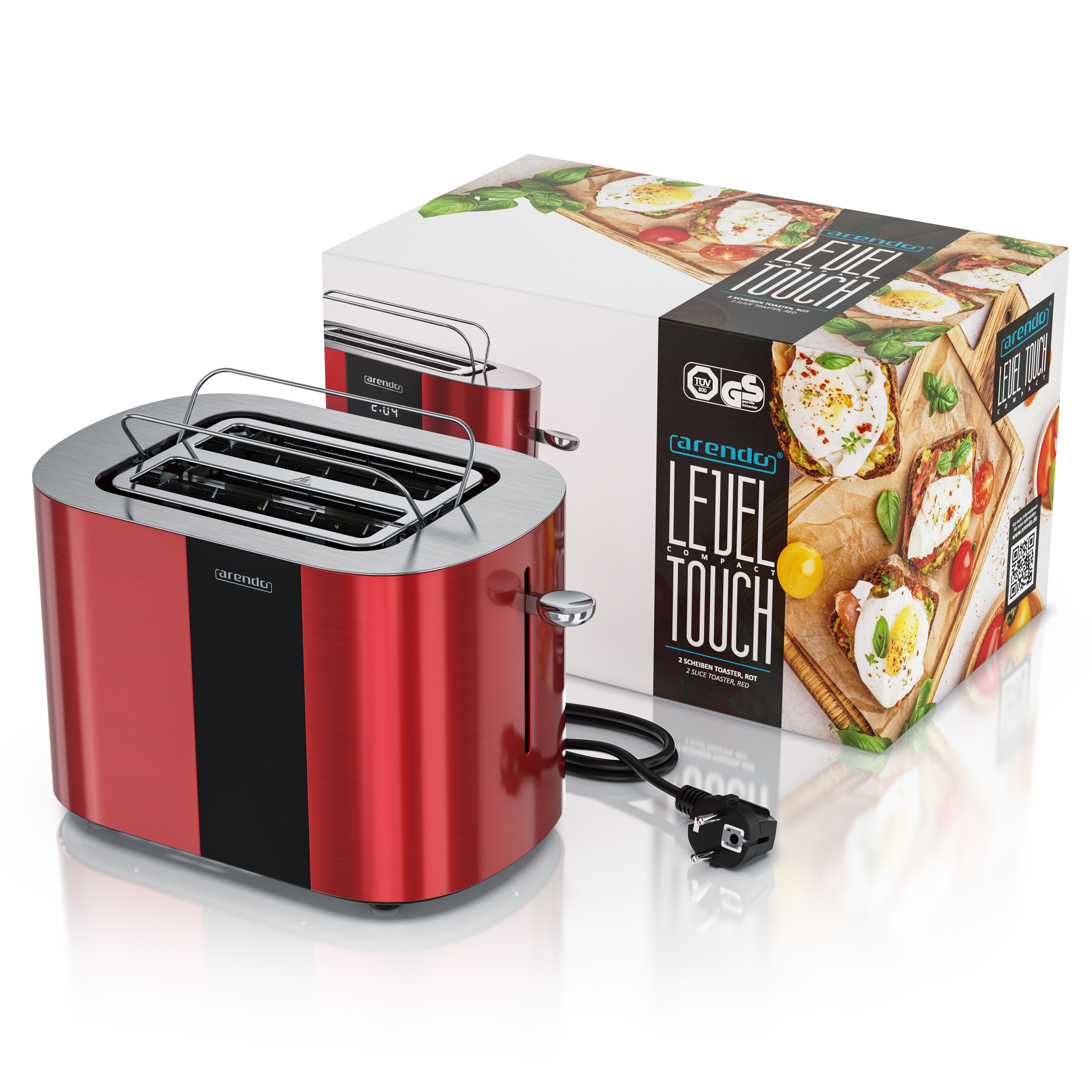 Ein roter Toaster steht neben seiner Verpackung, die Toast mit Belag zeigt.