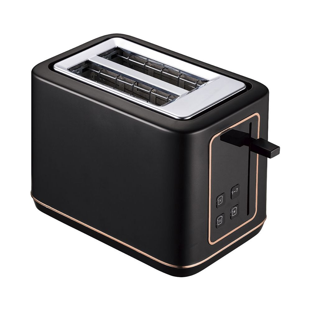 Un tostapane nero con fessure argentate e accenti color rame.
