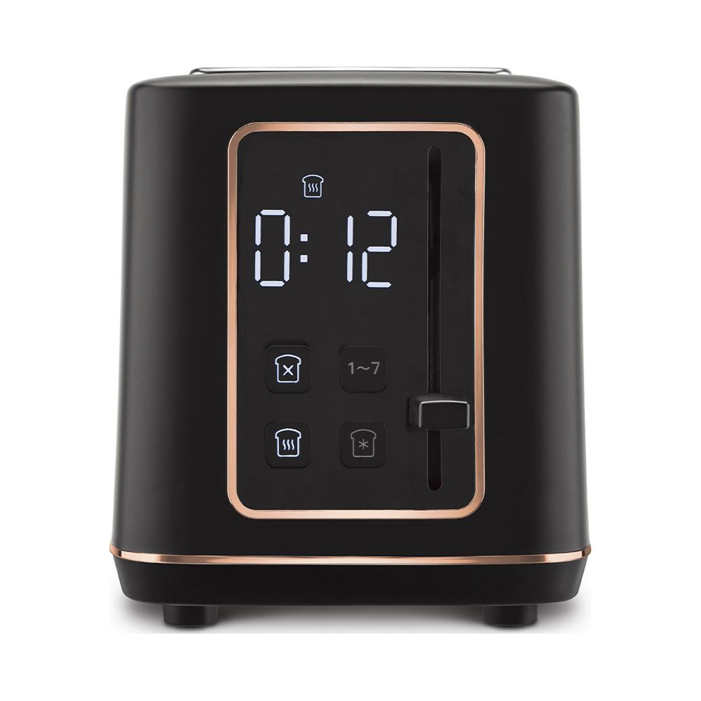 Un tostapane nero con display digitale e accenti oro rosa.