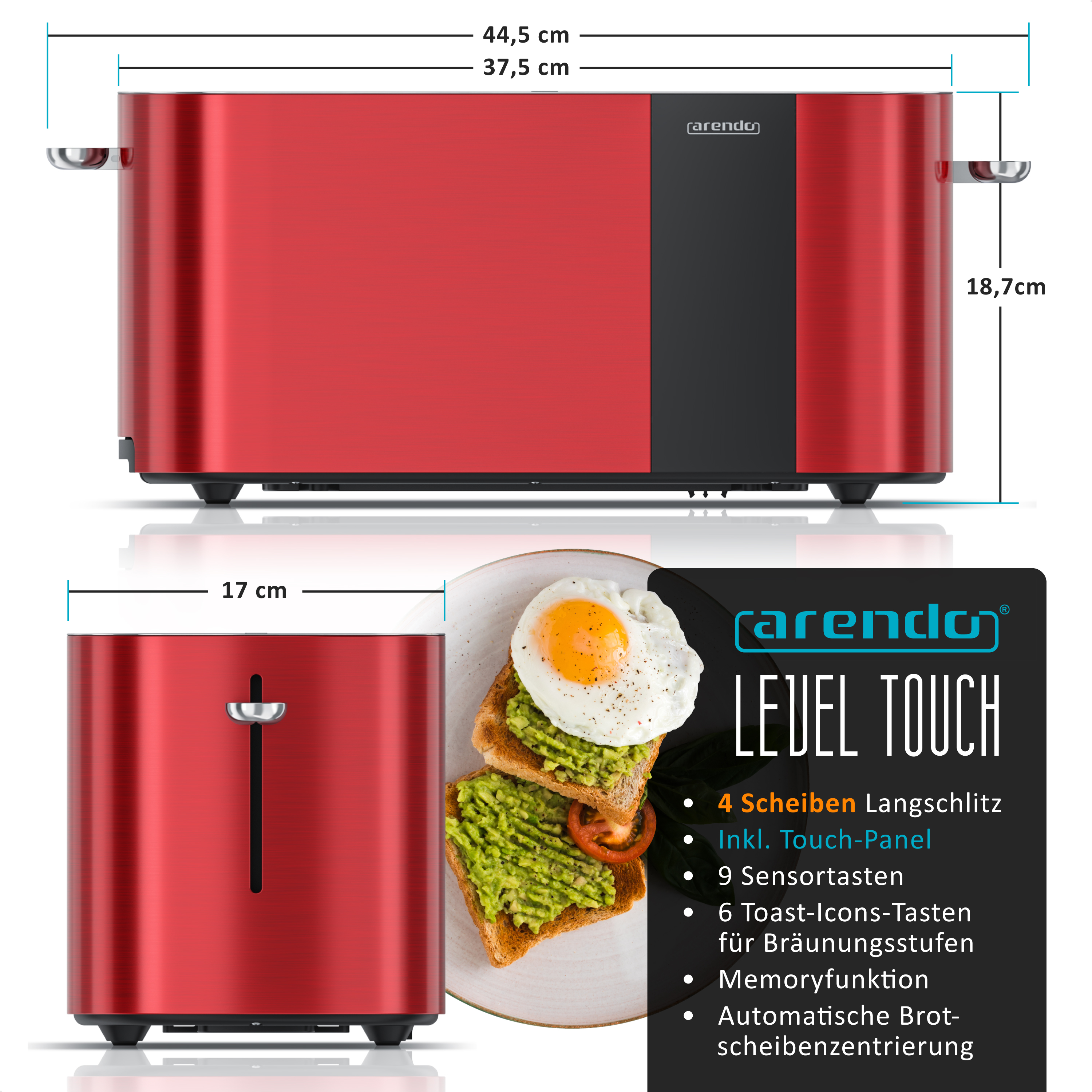 Roter Toaster mit Toast und Spiegelei daneben. Maße angegeben.