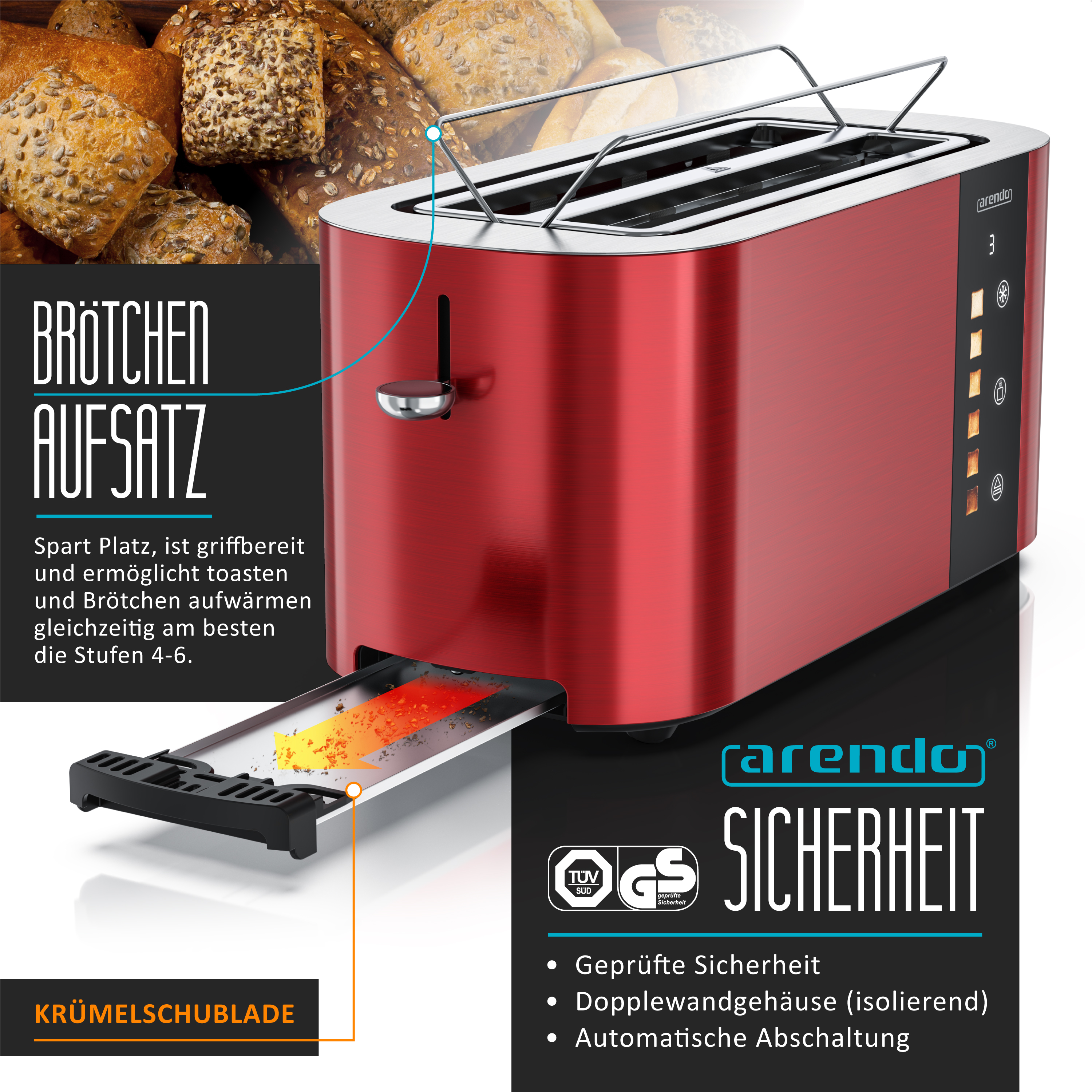 Ein roter Toaster mit Brötchenaufsatz und Krümelschublade.