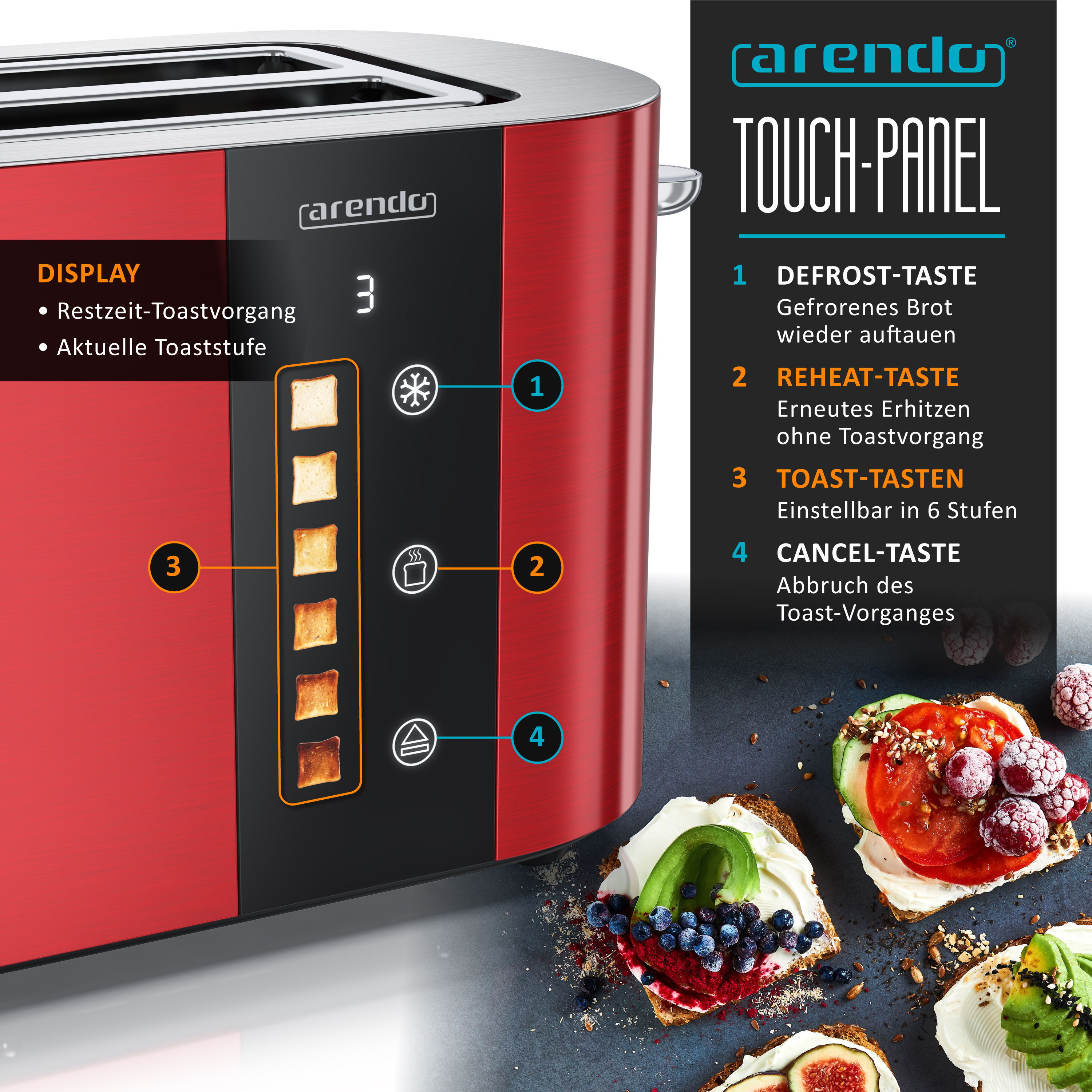 Roter Toaster mit Touch-Panel und Toast-Symbolen. Daneben sind belegte Brote zu sehen.