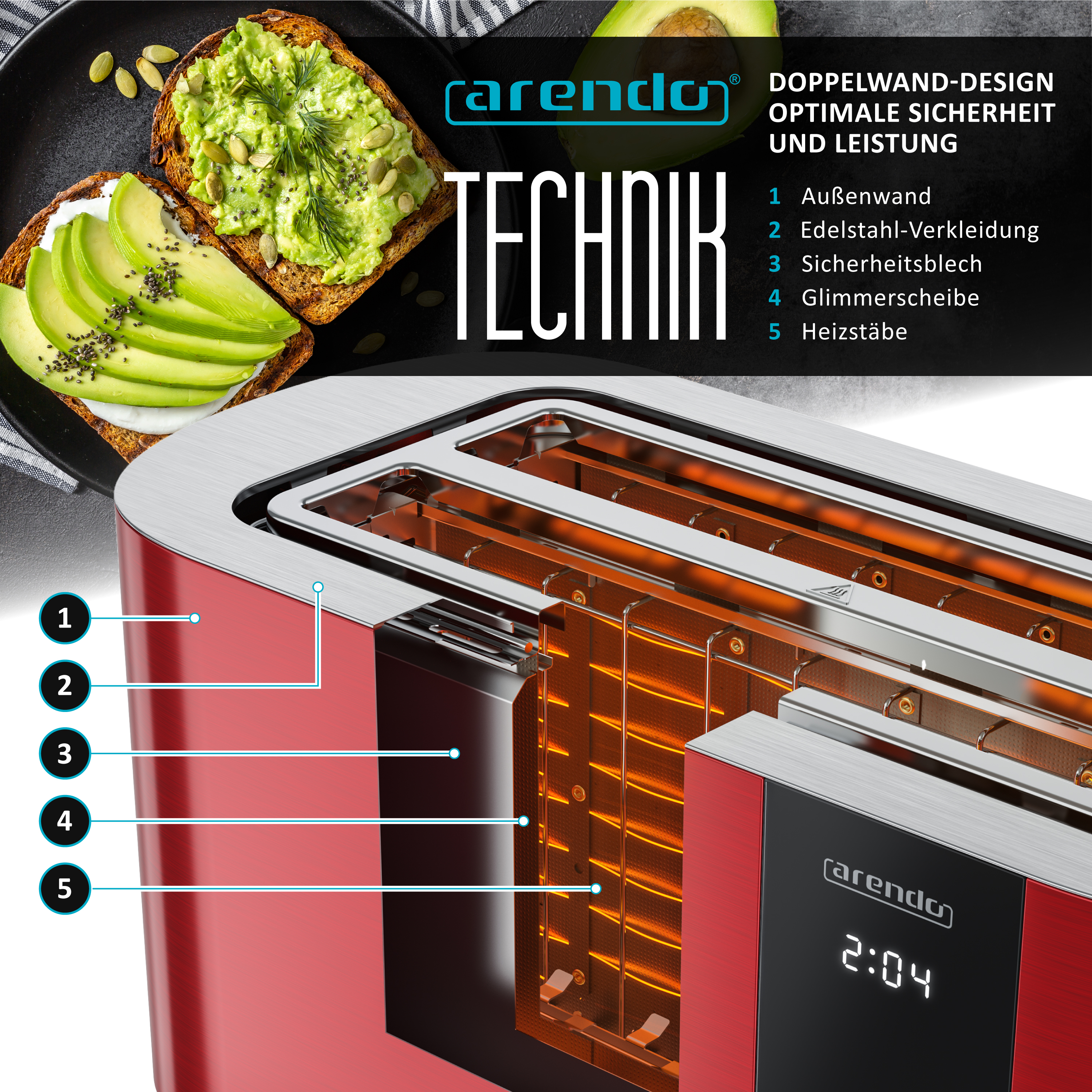 Ein roter Toaster mit detaillierter Innenansicht, Avocado-Toast im Hintergrund.