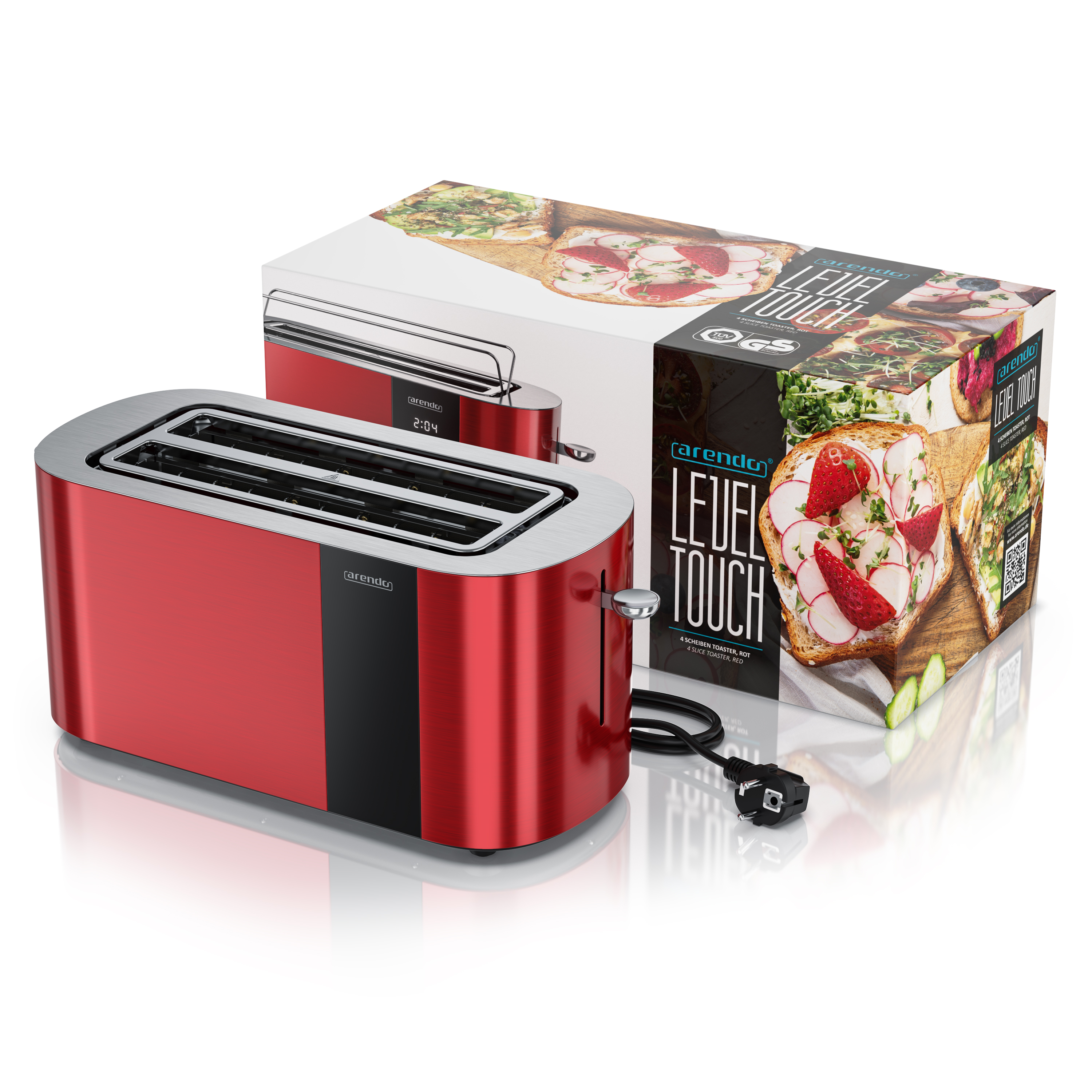 Roter 4-Scheiben-Toaster von Arendo mit digitaler Anzeige und Verpackung.
