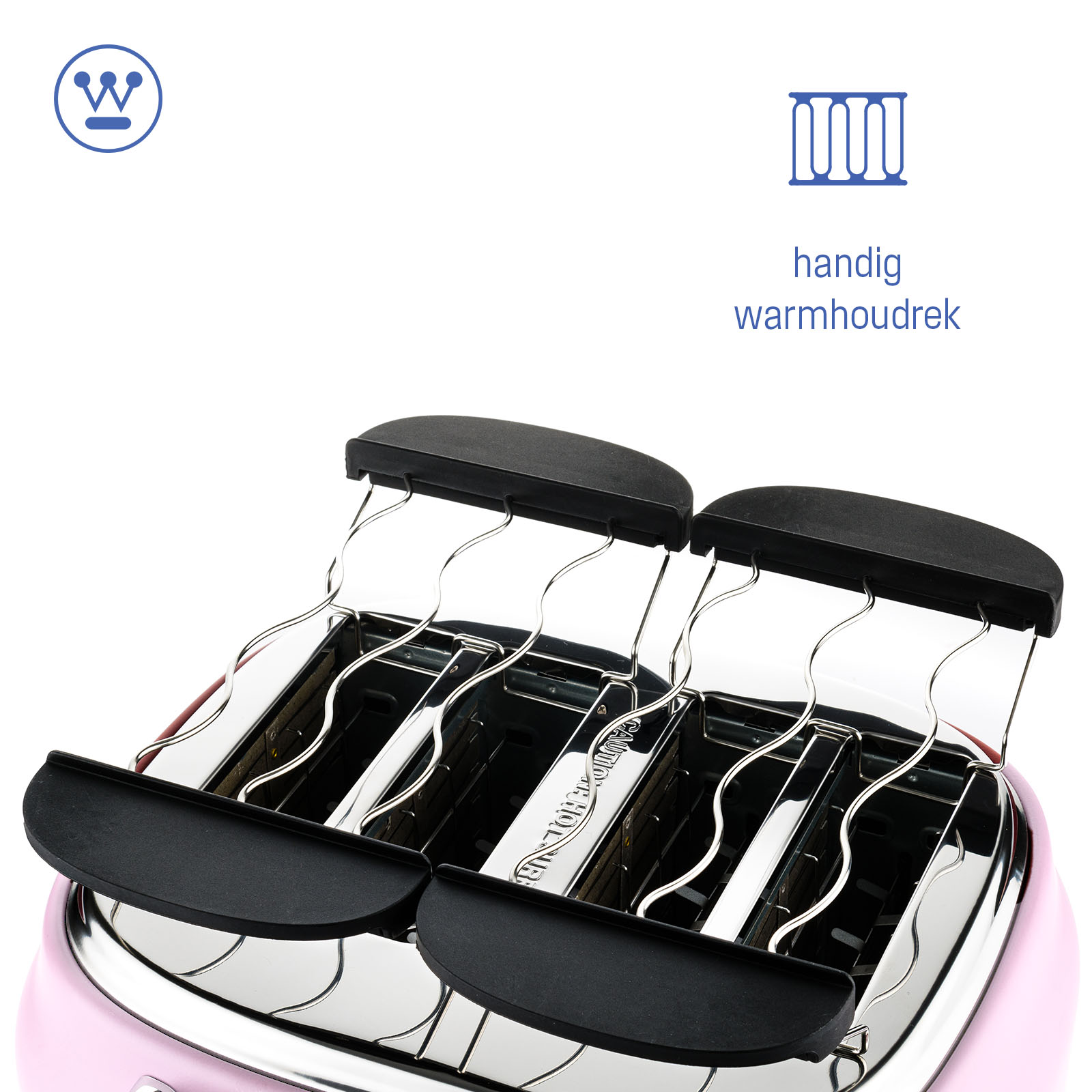 Ein rosafarbener Toaster mit zwei Schlitzen, Chromdetails und einem Krümelfach.