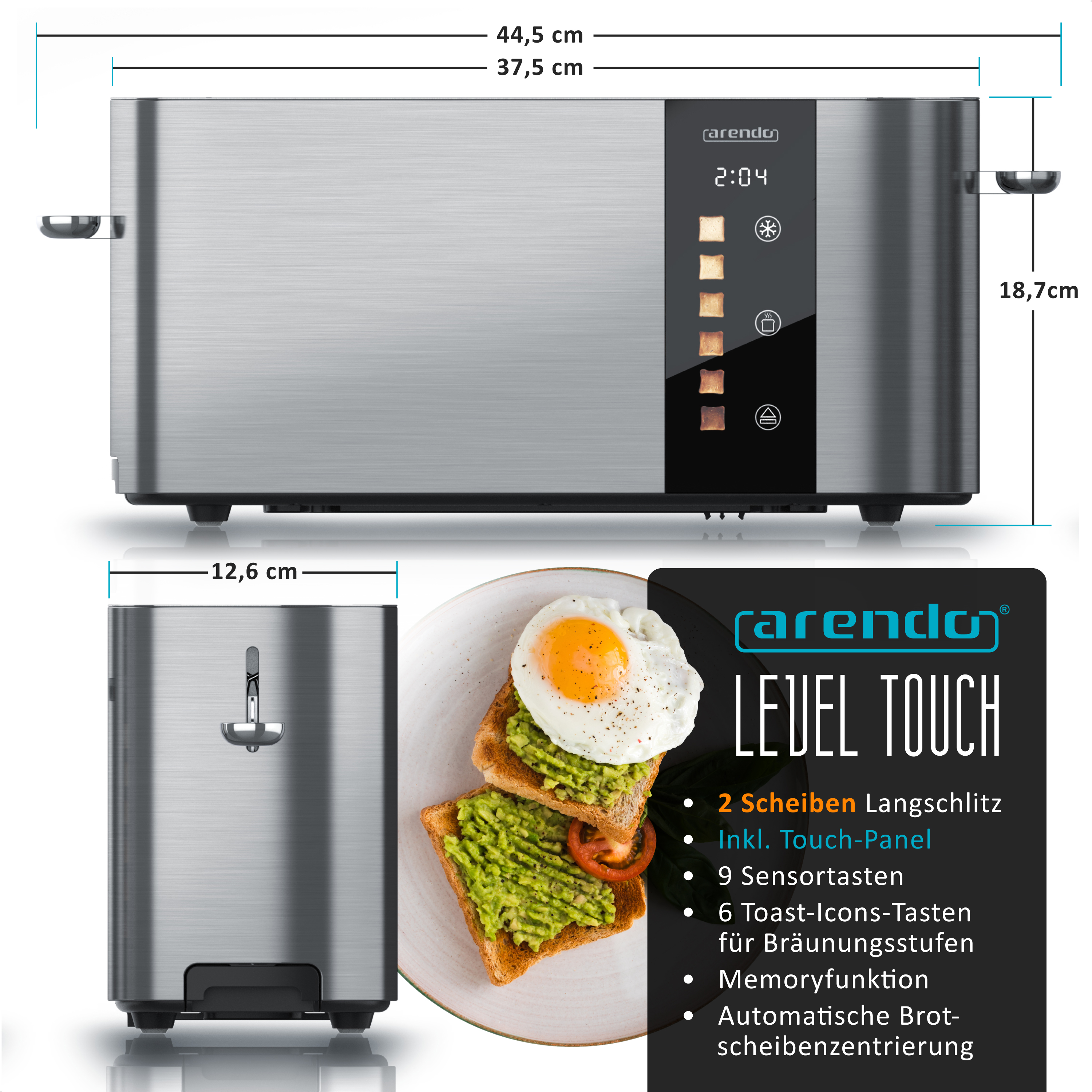 Ein silberner Toaster mit Touch-Bedienfeld und Toast-Symbolen.