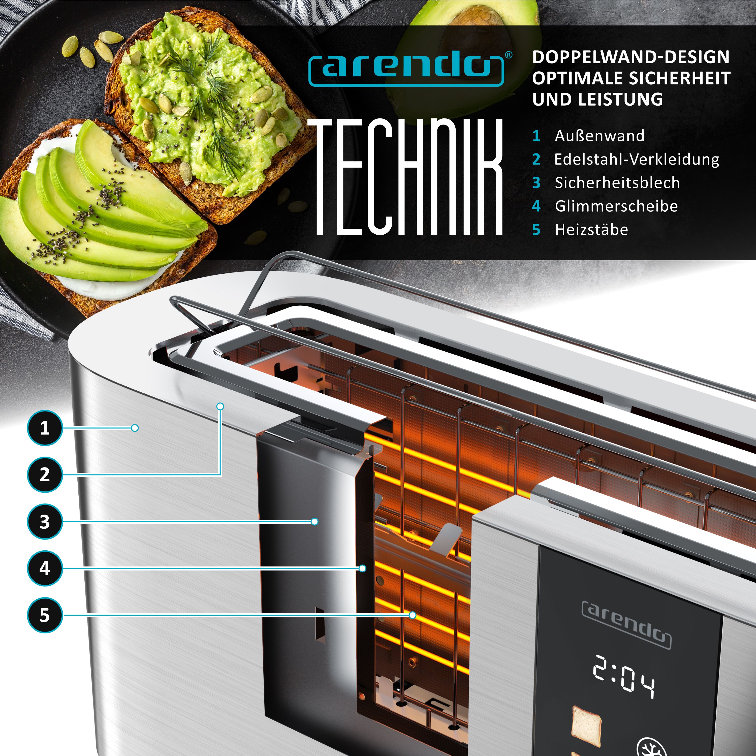 Ein Toaster mit Avocado-Toast und technischen Details.