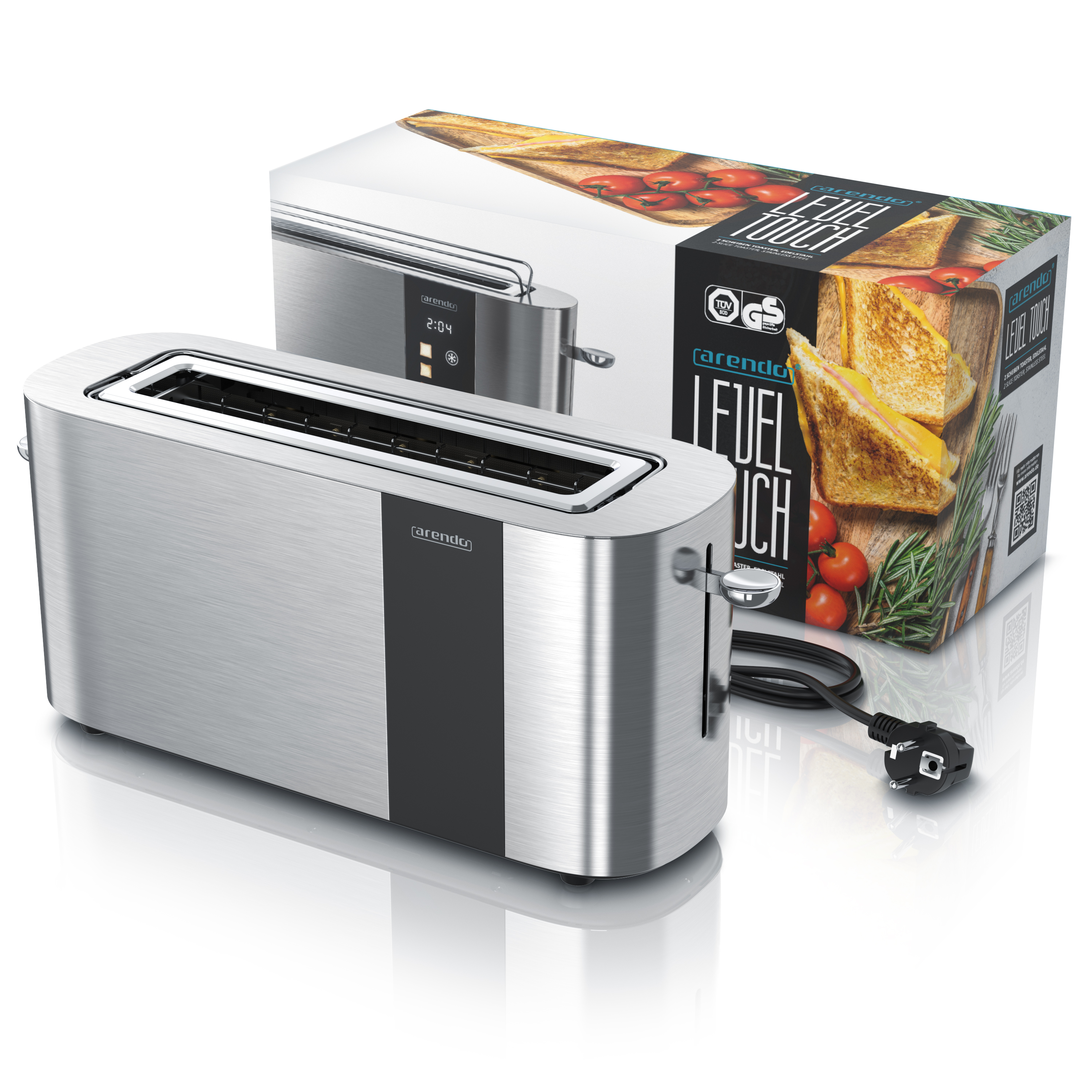 Ein silberner Toaster mit schwarzem Detail und Verpackung daneben, die einen Sandwich zeigt.
