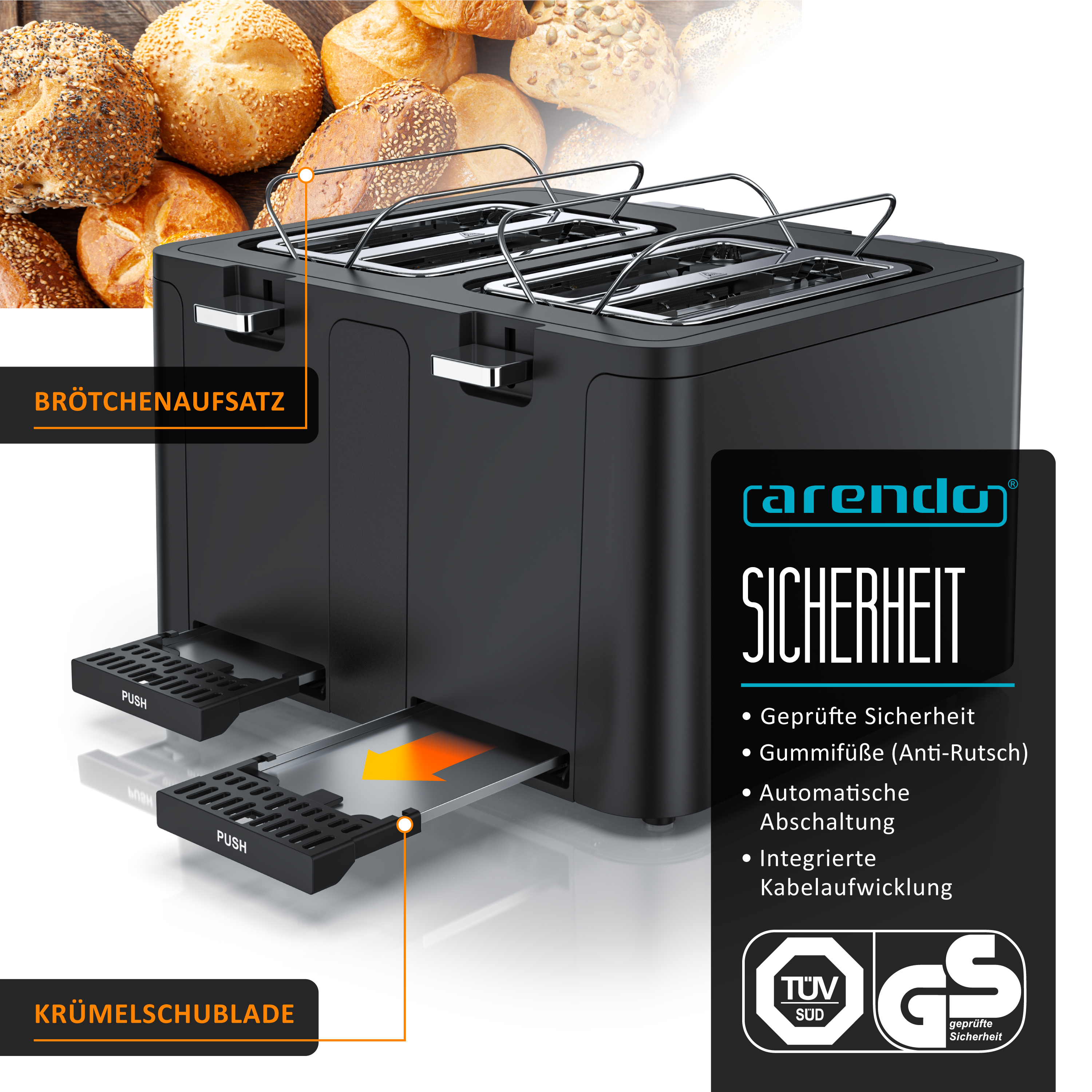 Ein schwarzer Toaster mit Brötchenaufsatz und Krümelschublade, daneben Brote.