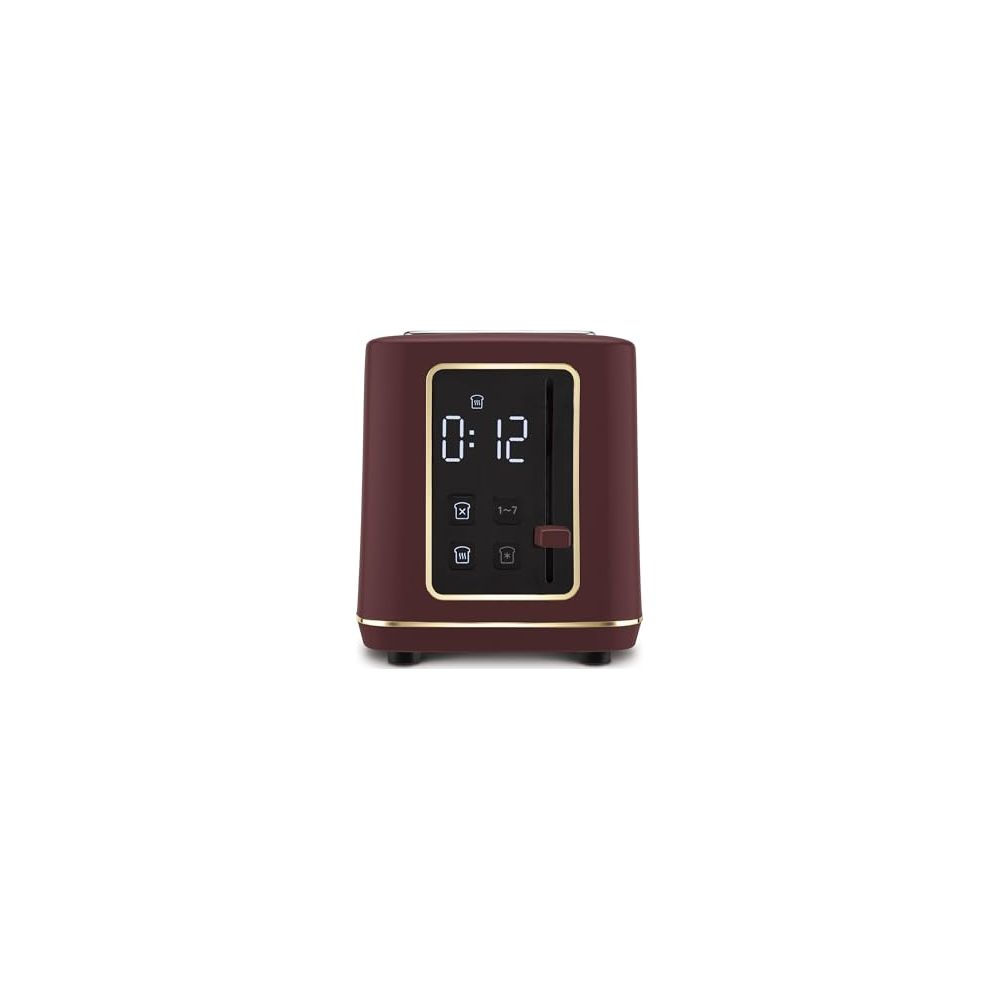 Un tostapane color borgogna con display digitale che mostra 0:12.
