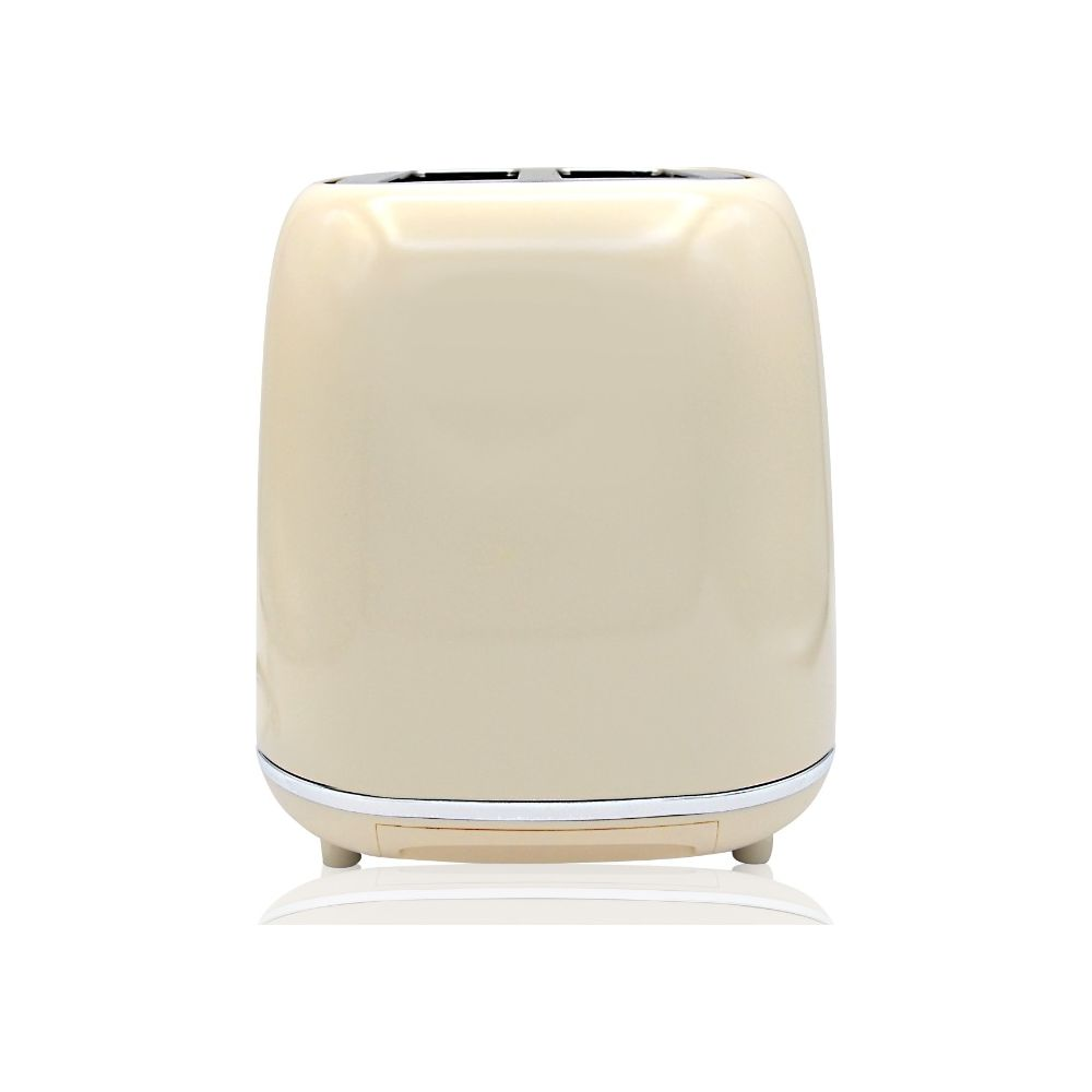 Un tostapane color crema con accenti cromati su sfondo bianco.