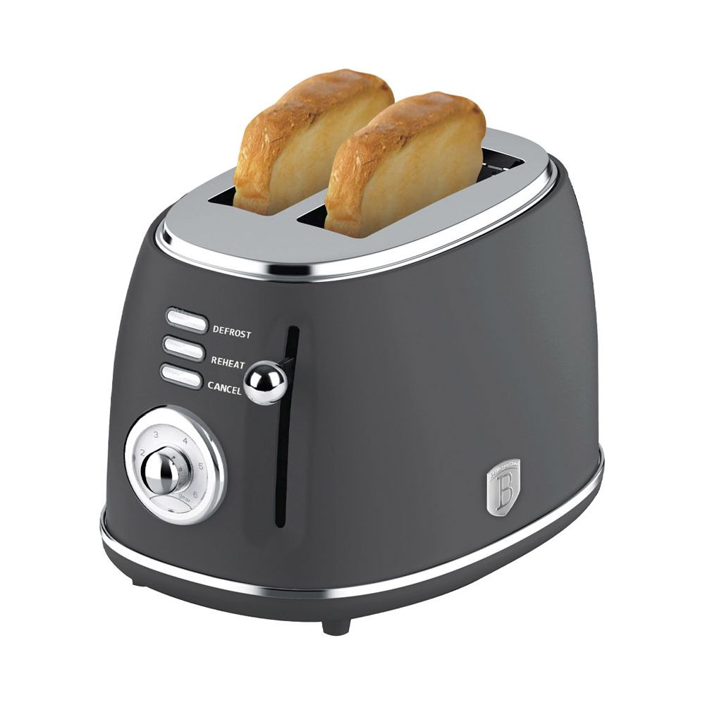 Un tostapane grigio a due fessure con due fette di pane tostato dorato.