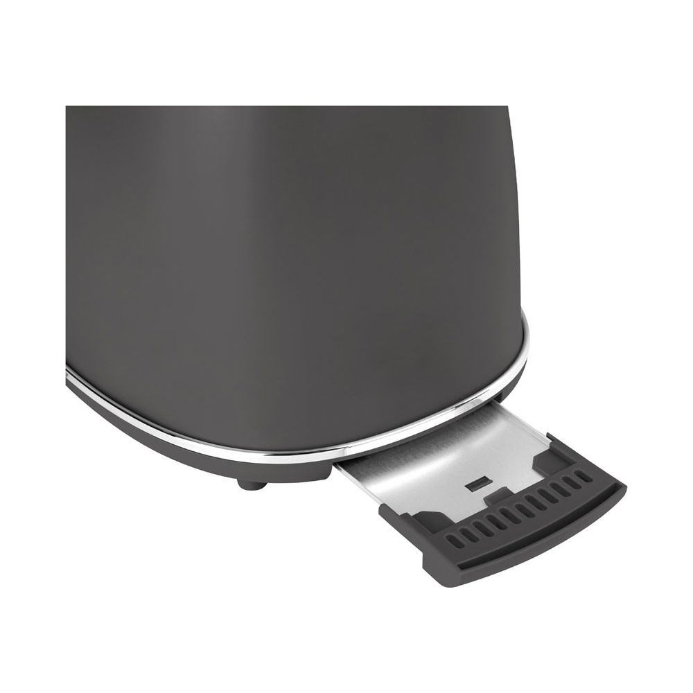 Tostapane grigio scuro con carrello esteso e bordo cromato.