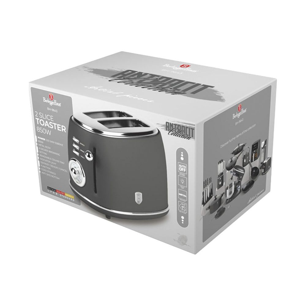 Tostapane grigio a 2 fette, 850W, in scatola con caratteristiche prodotto.