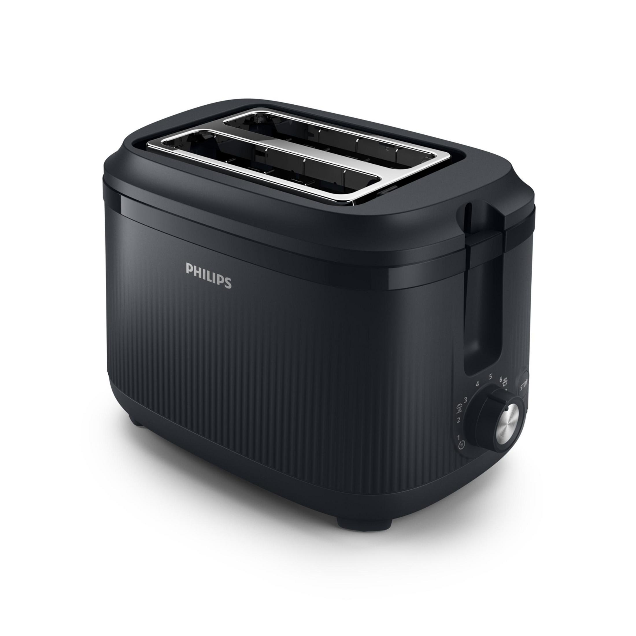 Un tostapane Philips nero con texture a coste e due fessure.