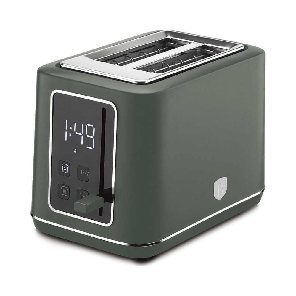 Un tostapane verde scuro con display digitale che mostra 1:49, su sfondo bianco.