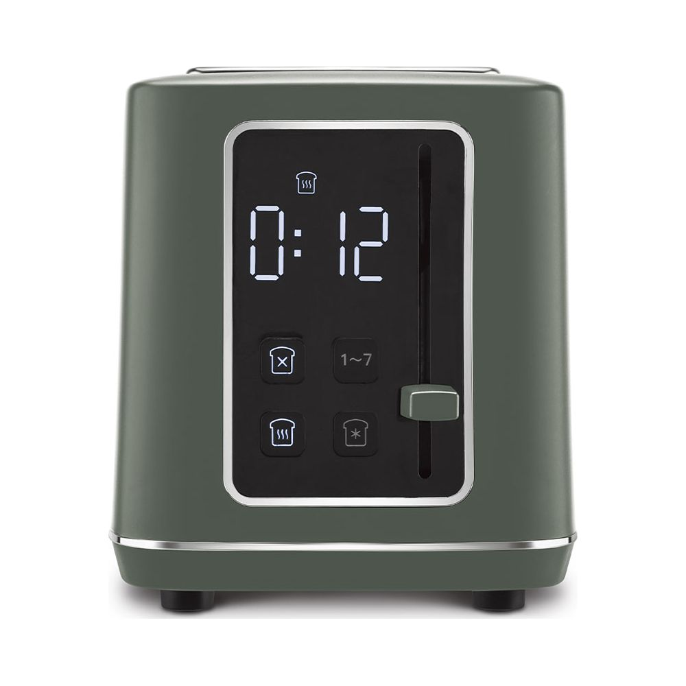 Un tostapane verde con display digitale che mostra 0:12.