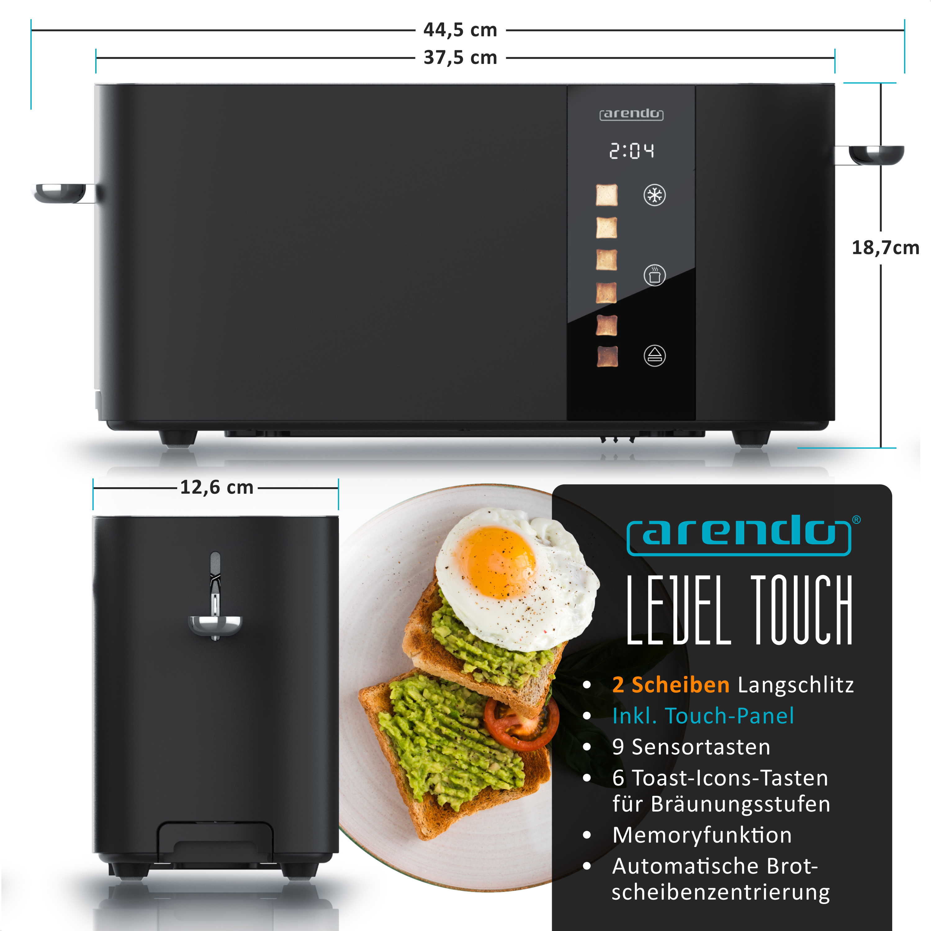 Ein schwarzer Toaster mit Touch-Panel und Toast-Icons, daneben ein Teller mit Avocado-Toast.