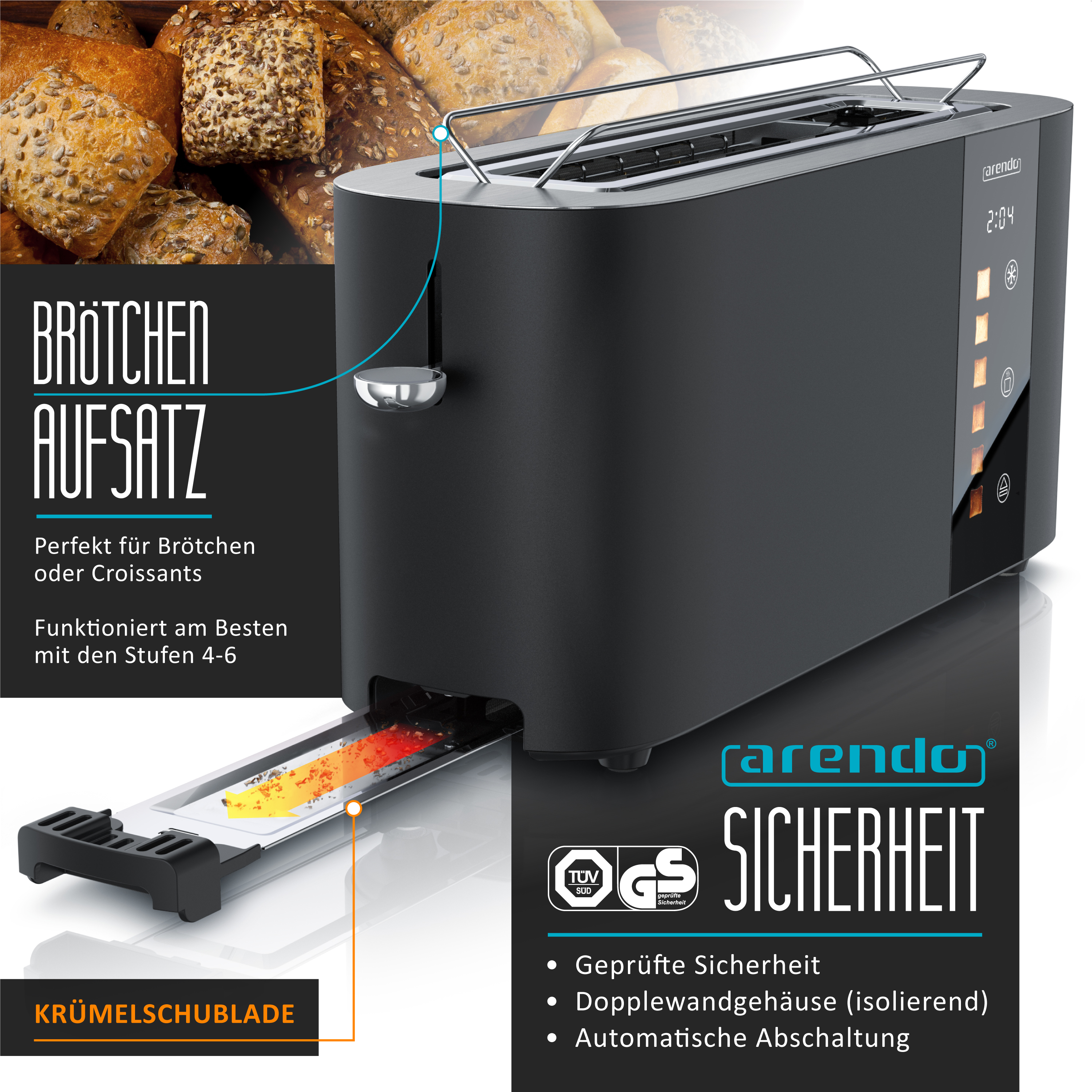 Schwarzer Toaster mit Brötchenaufsatz, Broten und Krümelschublade.