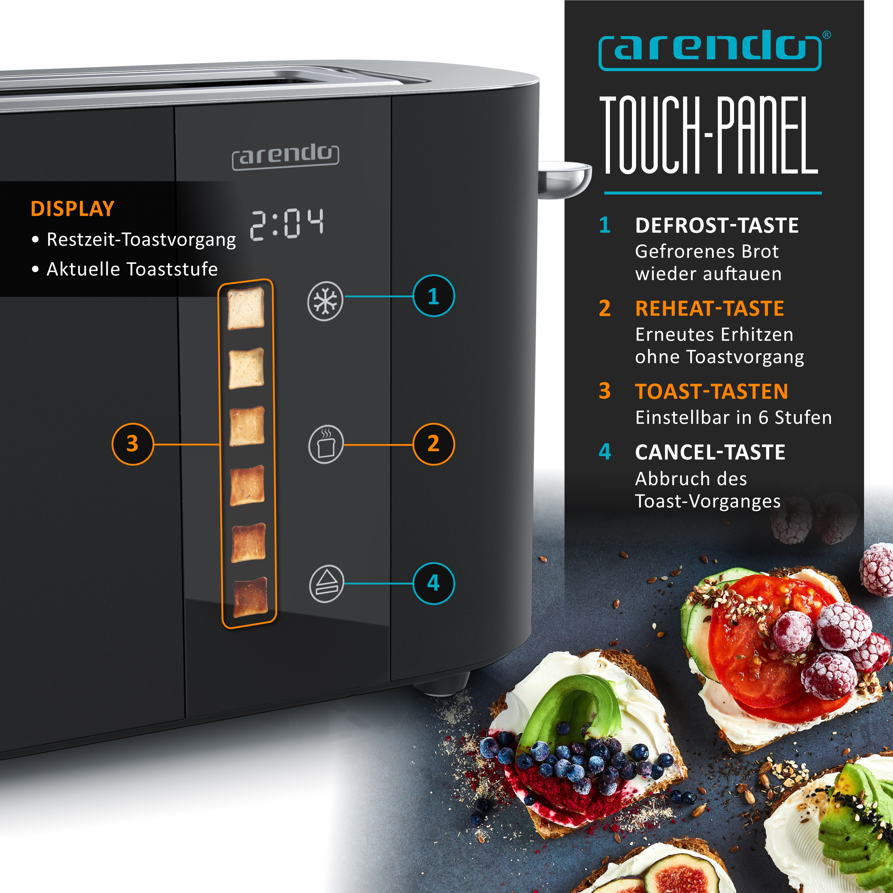 Ein schwarzer Toaster mit Touch-Panel und Toast-Optionen, daneben belegte Brote.