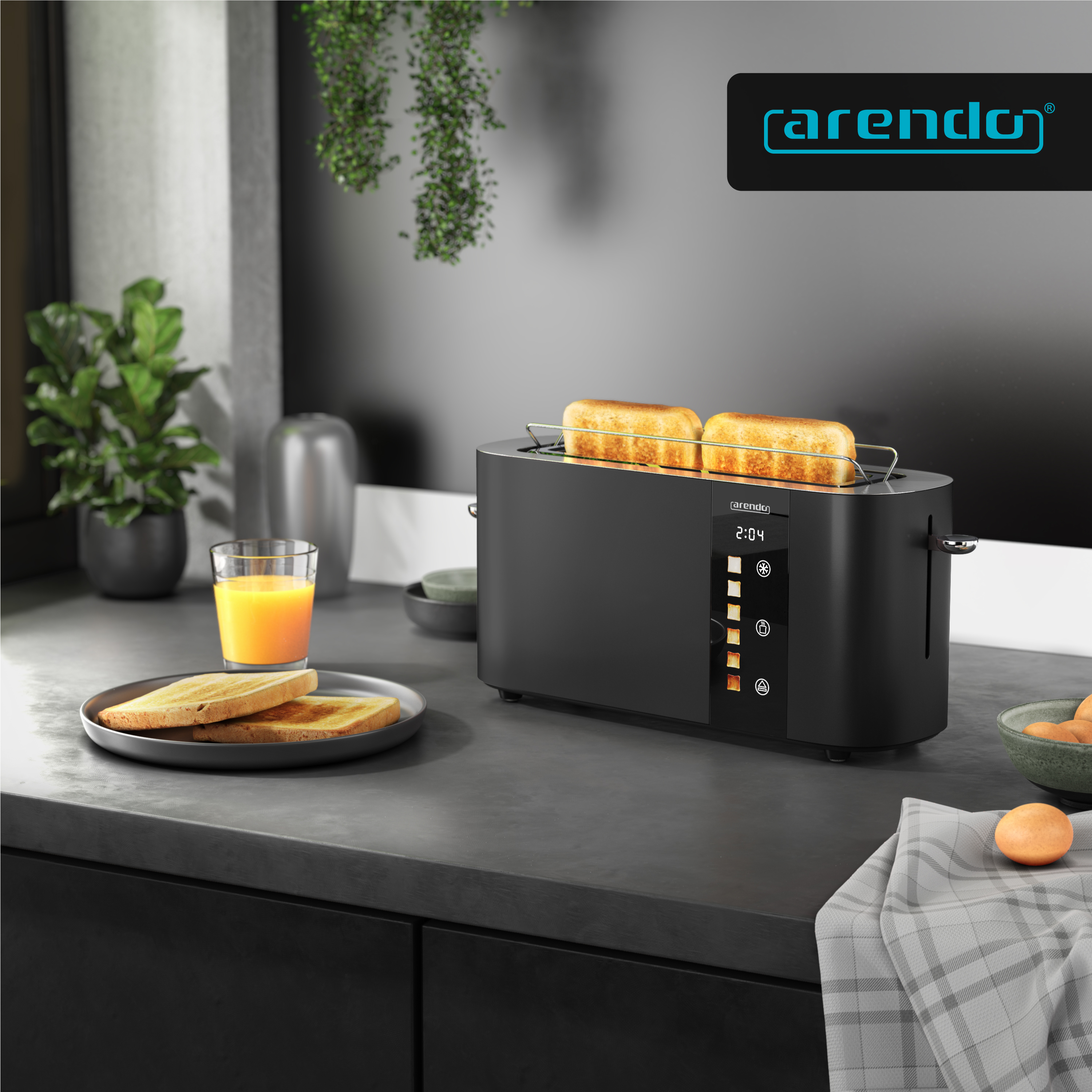 Schwarzer Toaster mit Toastbrot, Orangensaft und Eiern auf einem Küchentisch.