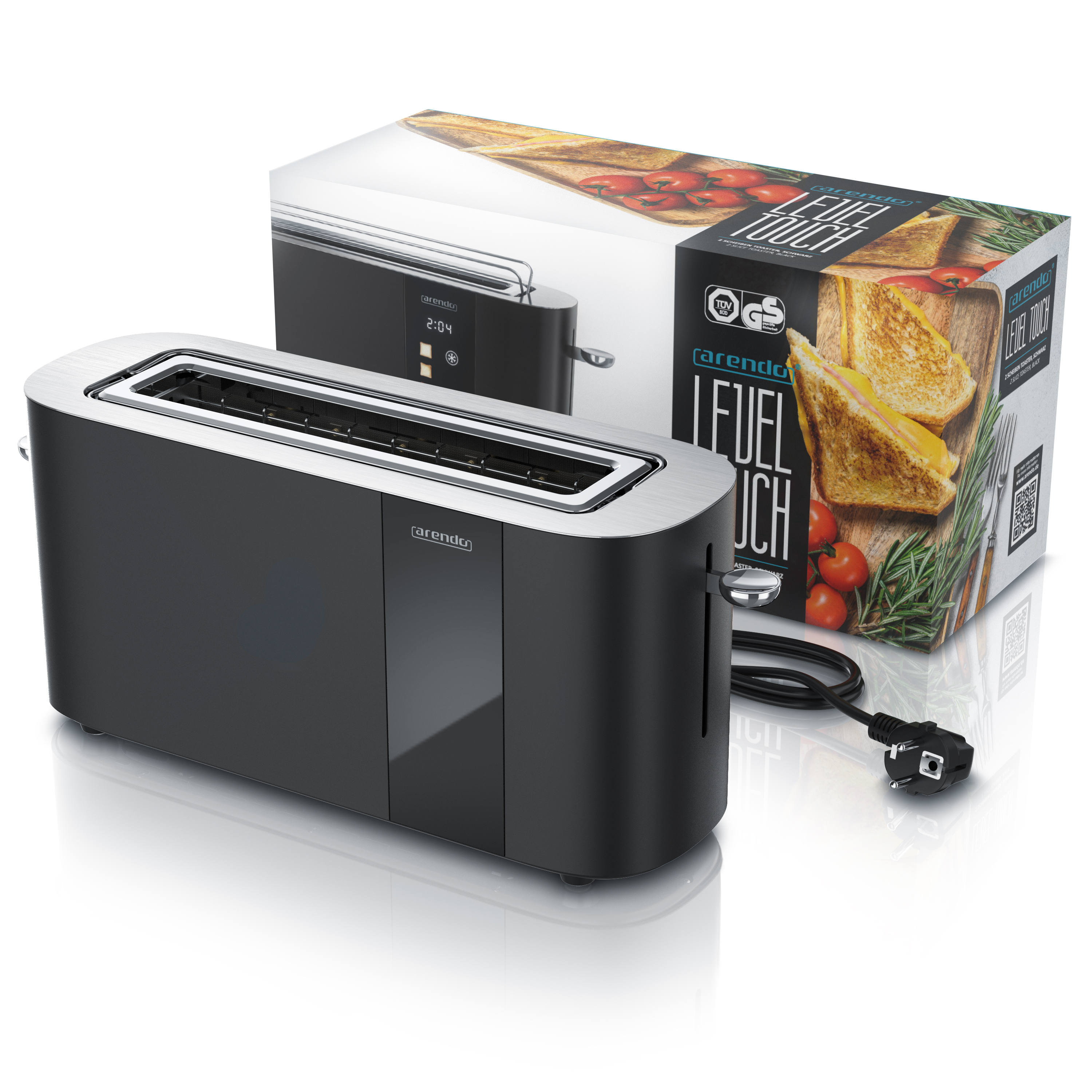 Ein schwarzer Toaster mit silbernen Akzenten und der Verpackung daneben.