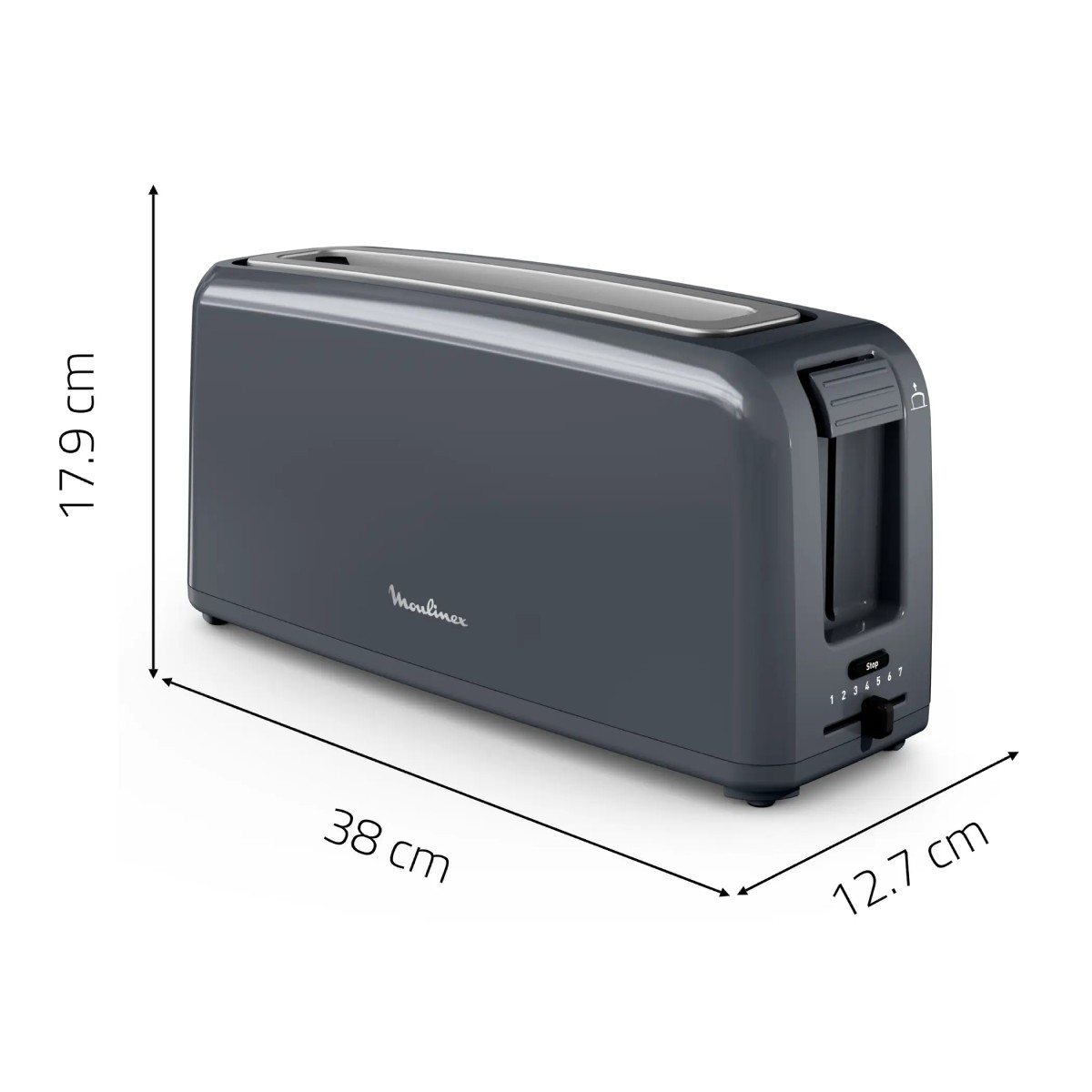 Un tostapane Moulinex grigio scuro di 38x17,9x12,7 cm.
