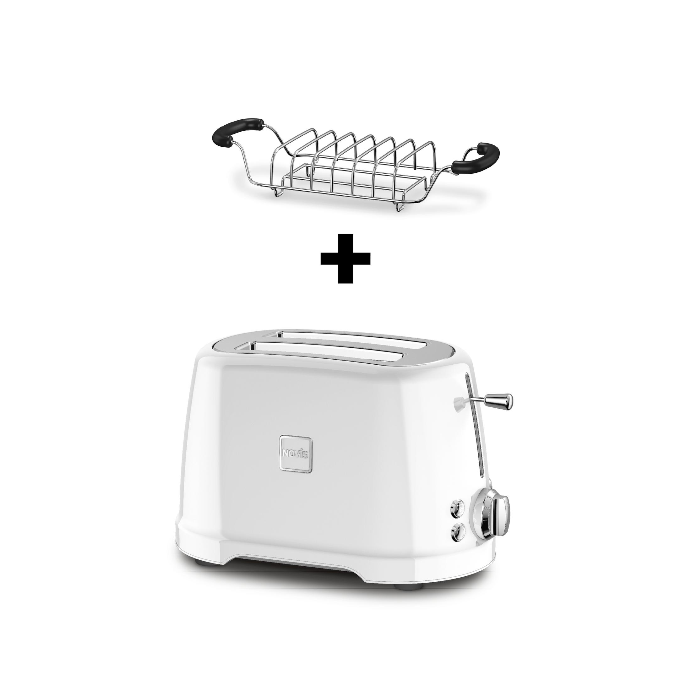 Un tostapane bianco con scalda panini cromato e un segno più.