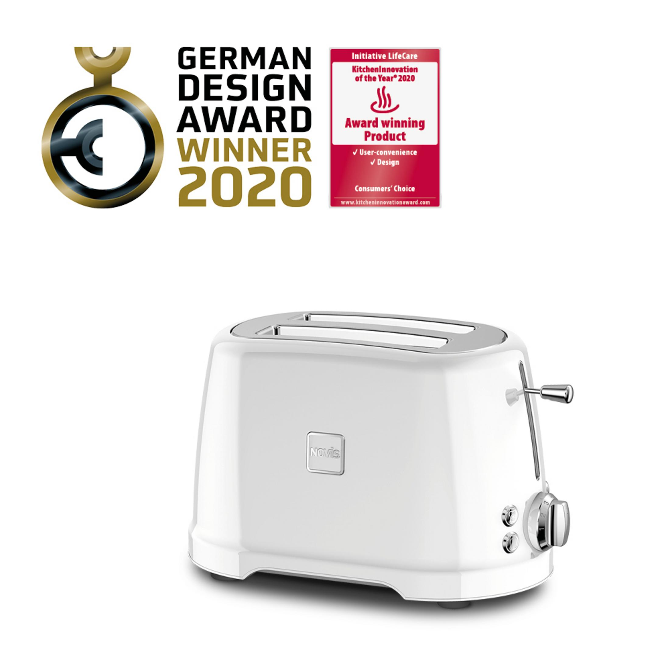Un tostapane bianco con accenti argentati, premiato con il German Design Award 2020.