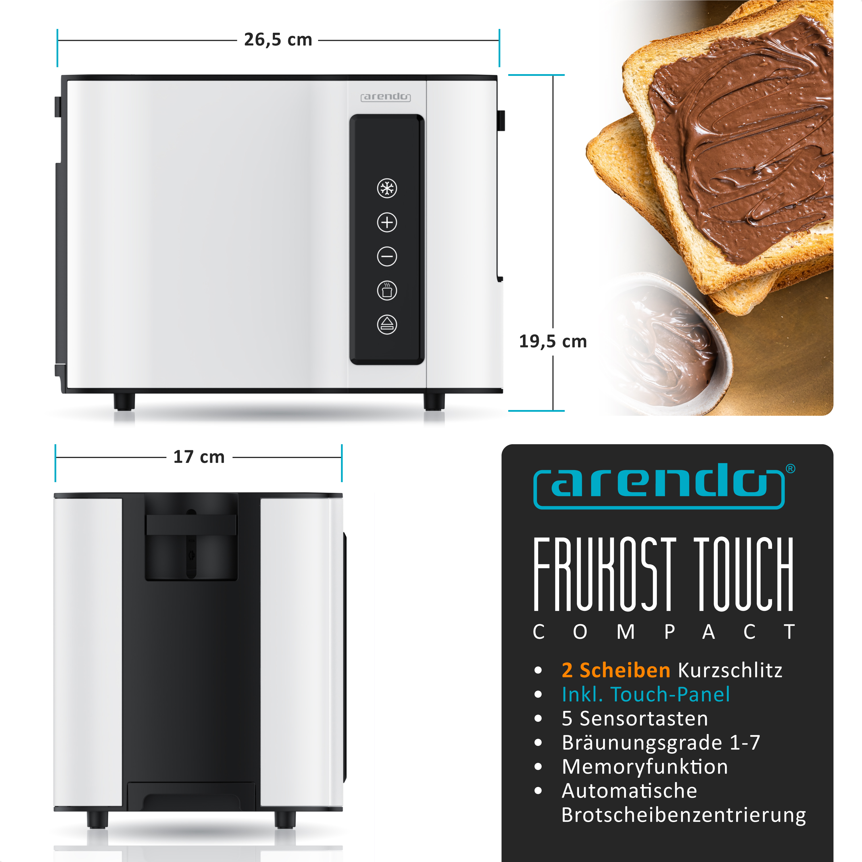 Ein weißer Toaster mit Touch-Bedienfeld und zwei Scheiben Toast mit Schokoladencreme.